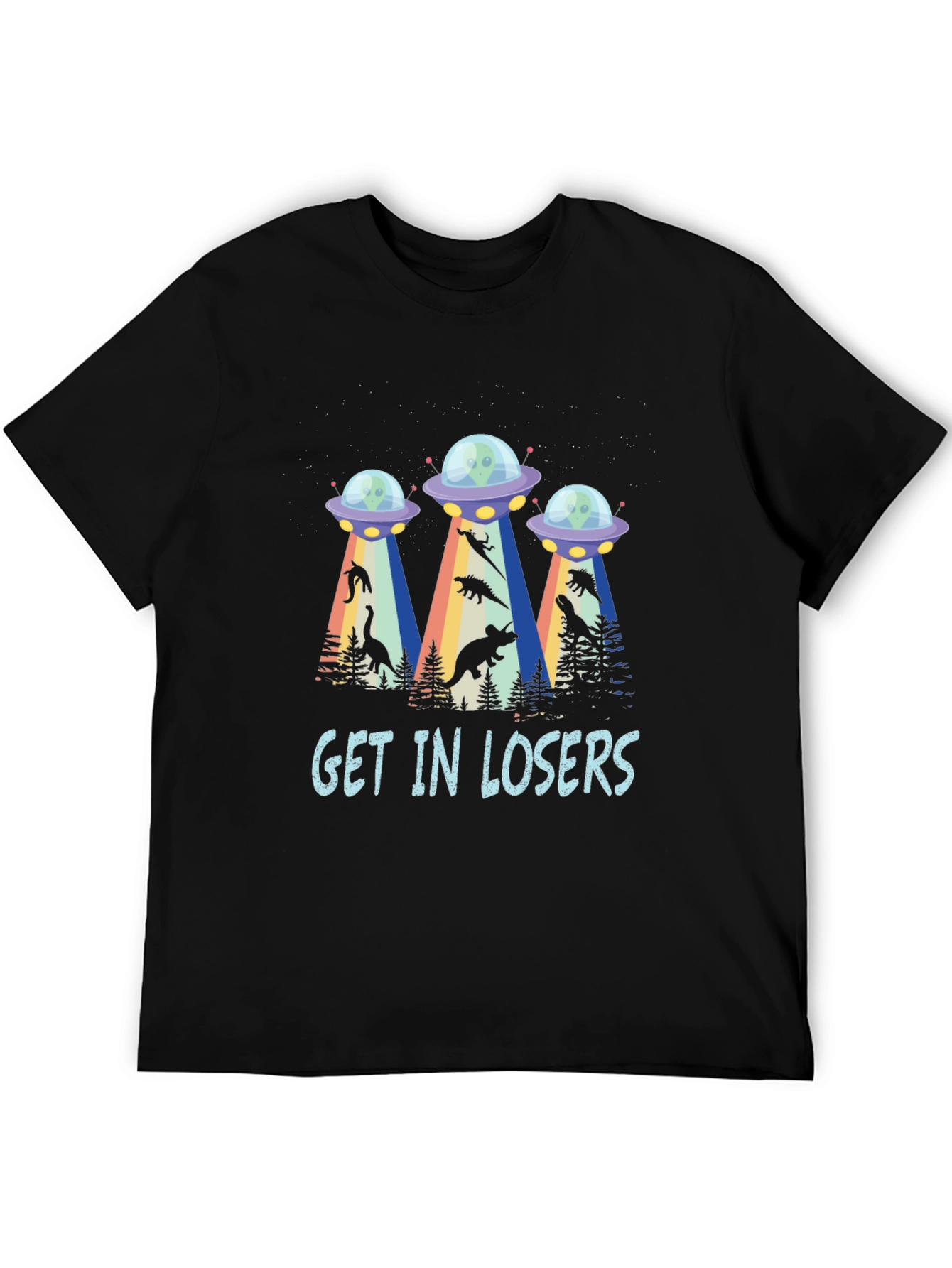 Get In Losers UFO Dinosaur Abduction T-Shirt