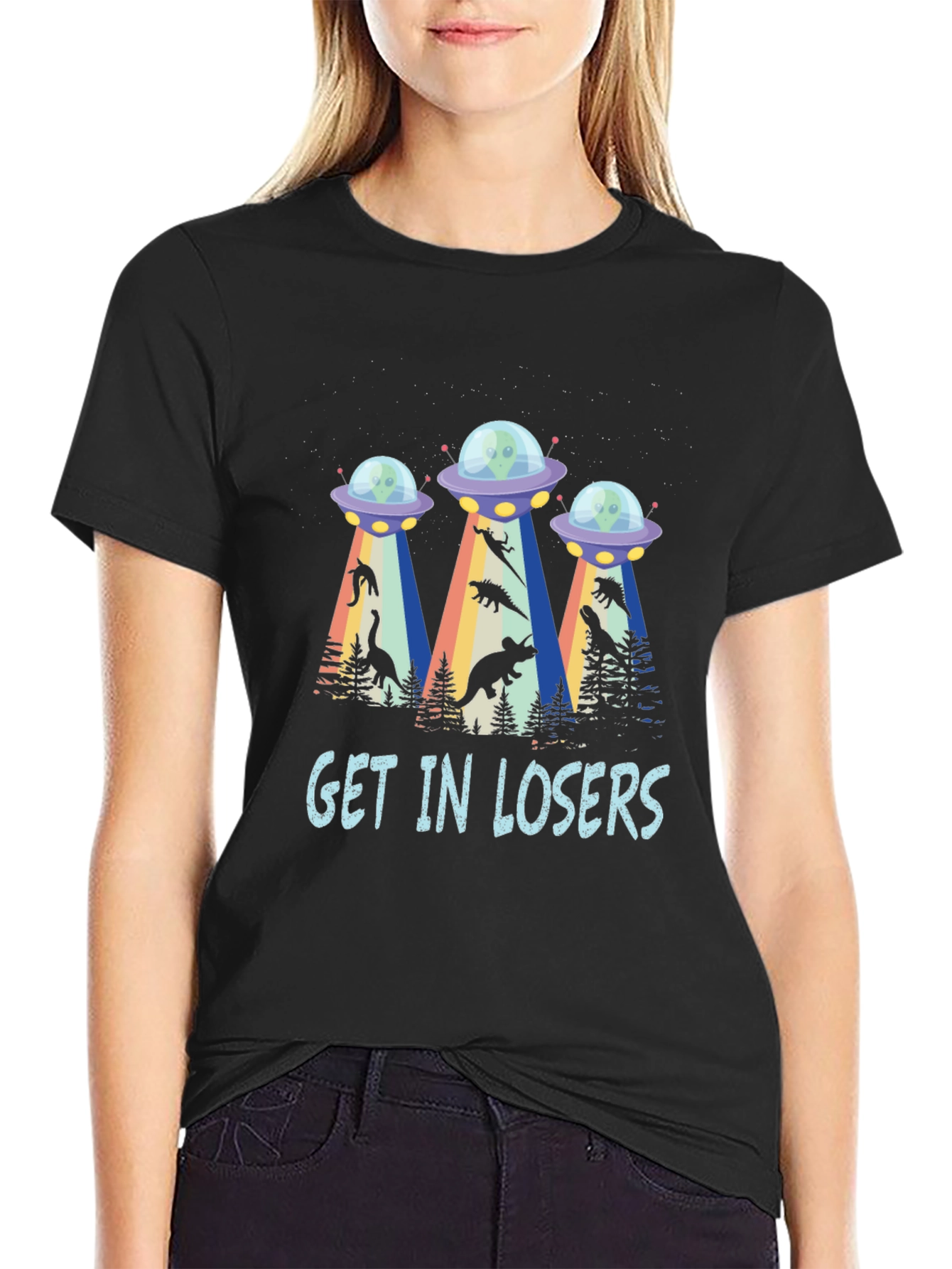 Get In Losers UFO Dinosaur Abduction T-Shirt