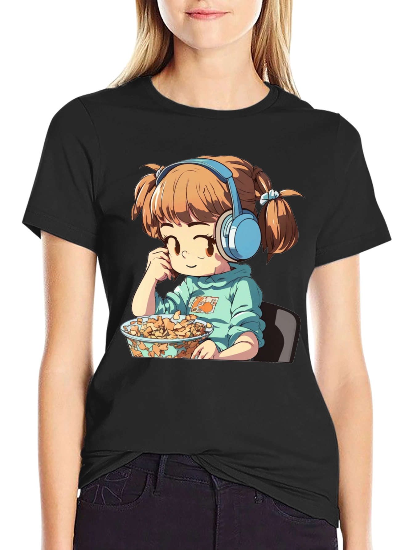 Anime Girl on Black T-Shirt