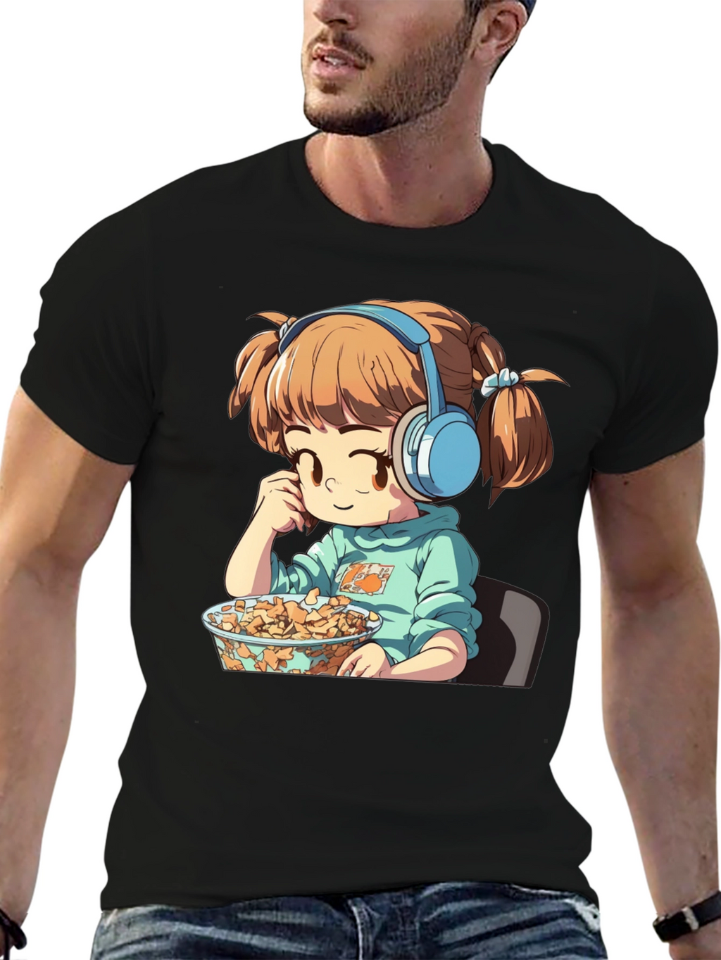 Anime Girl on Black T-Shirt