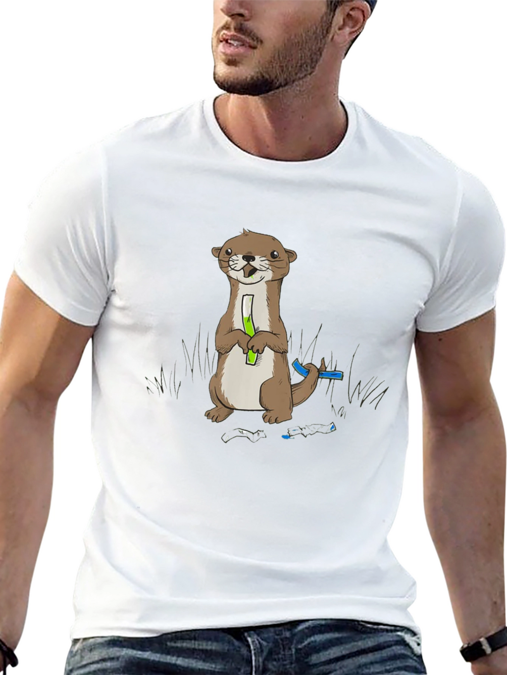 Cute Otter Holding Test Tube Black T-Shirt