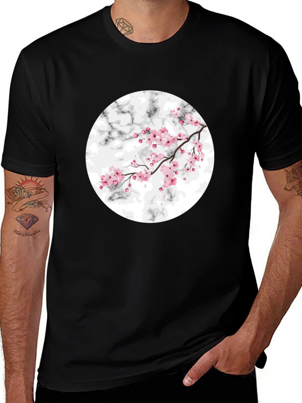 Cherry Blossom Marble Graphic Black T-Shirt