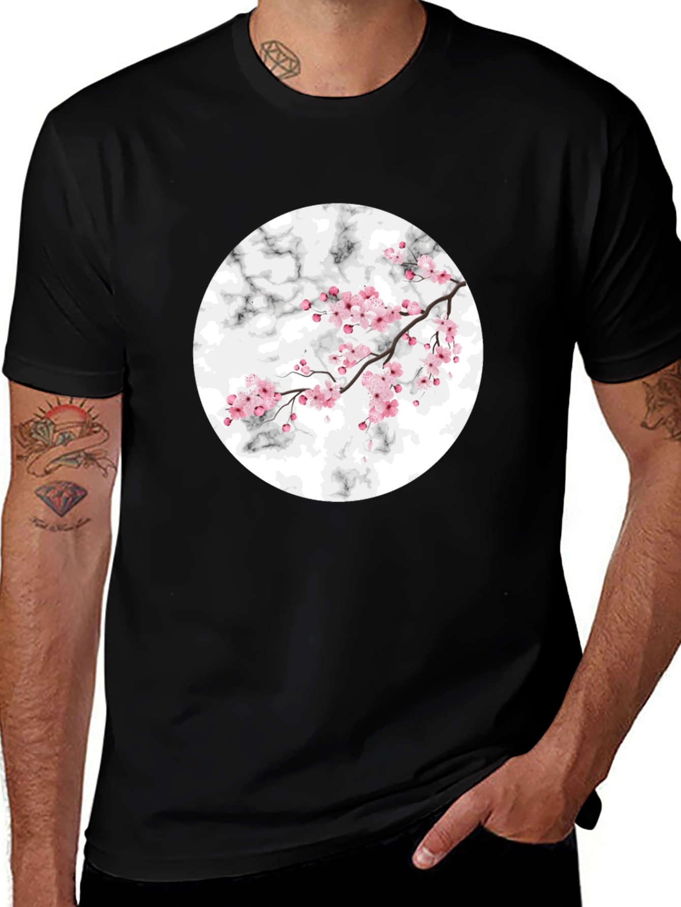 Cherry Blossom Marble Graphic Black T-Shirt