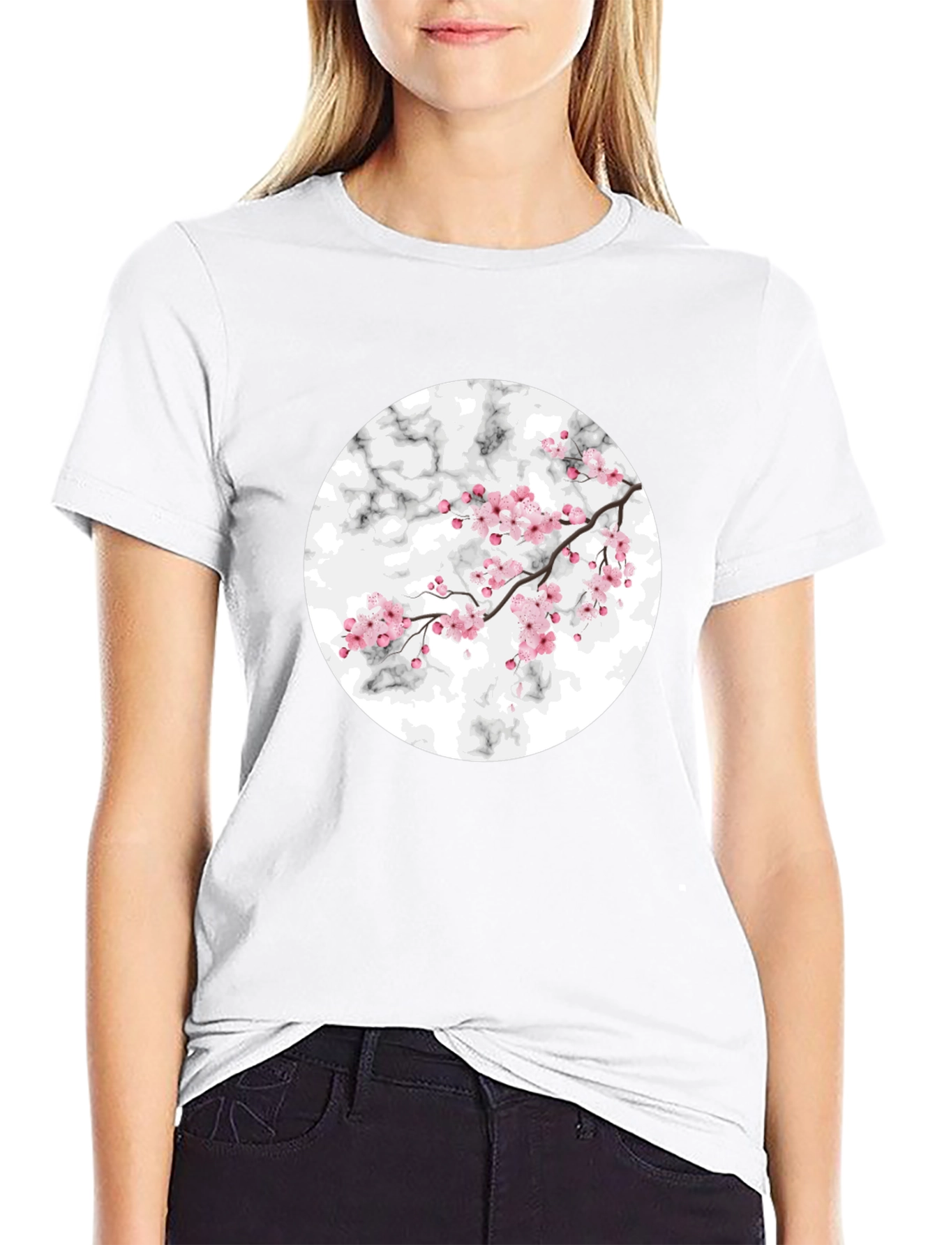 Cherry Blossom Marble Graphic Black T-Shirt