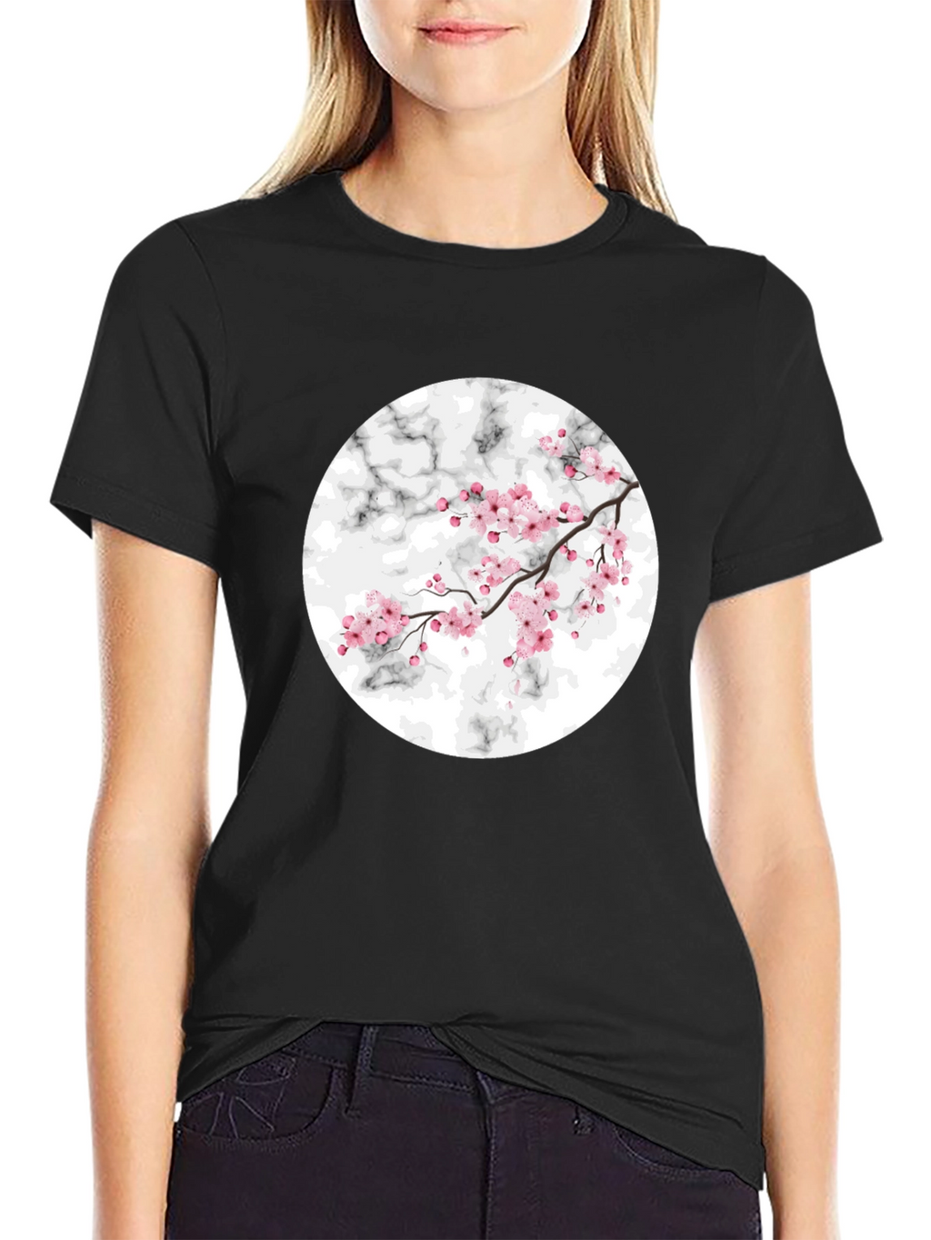 Cherry Blossom Marble Graphic Black T-Shirt