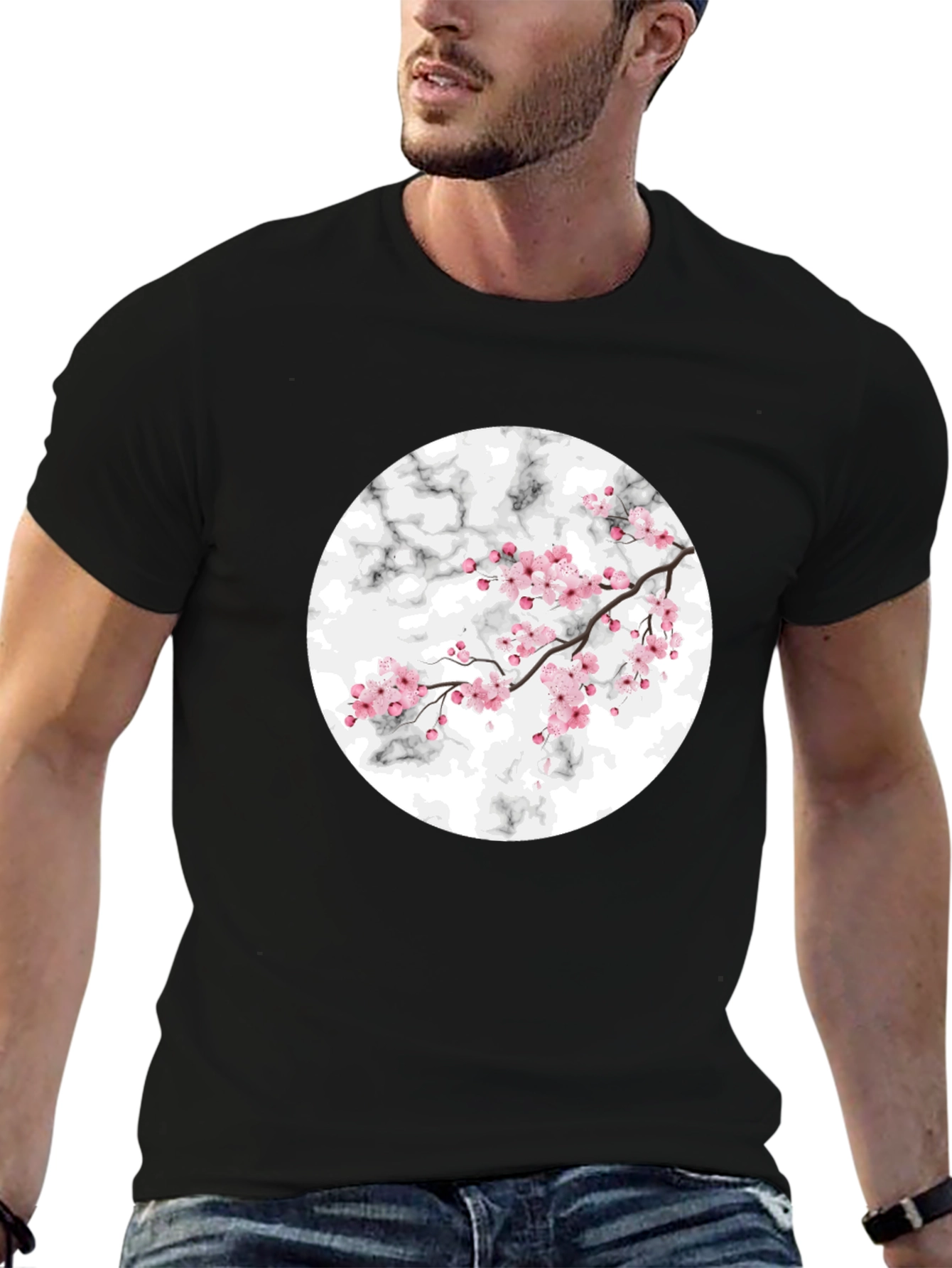 Cherry Blossom Marble Graphic Black T-Shirt