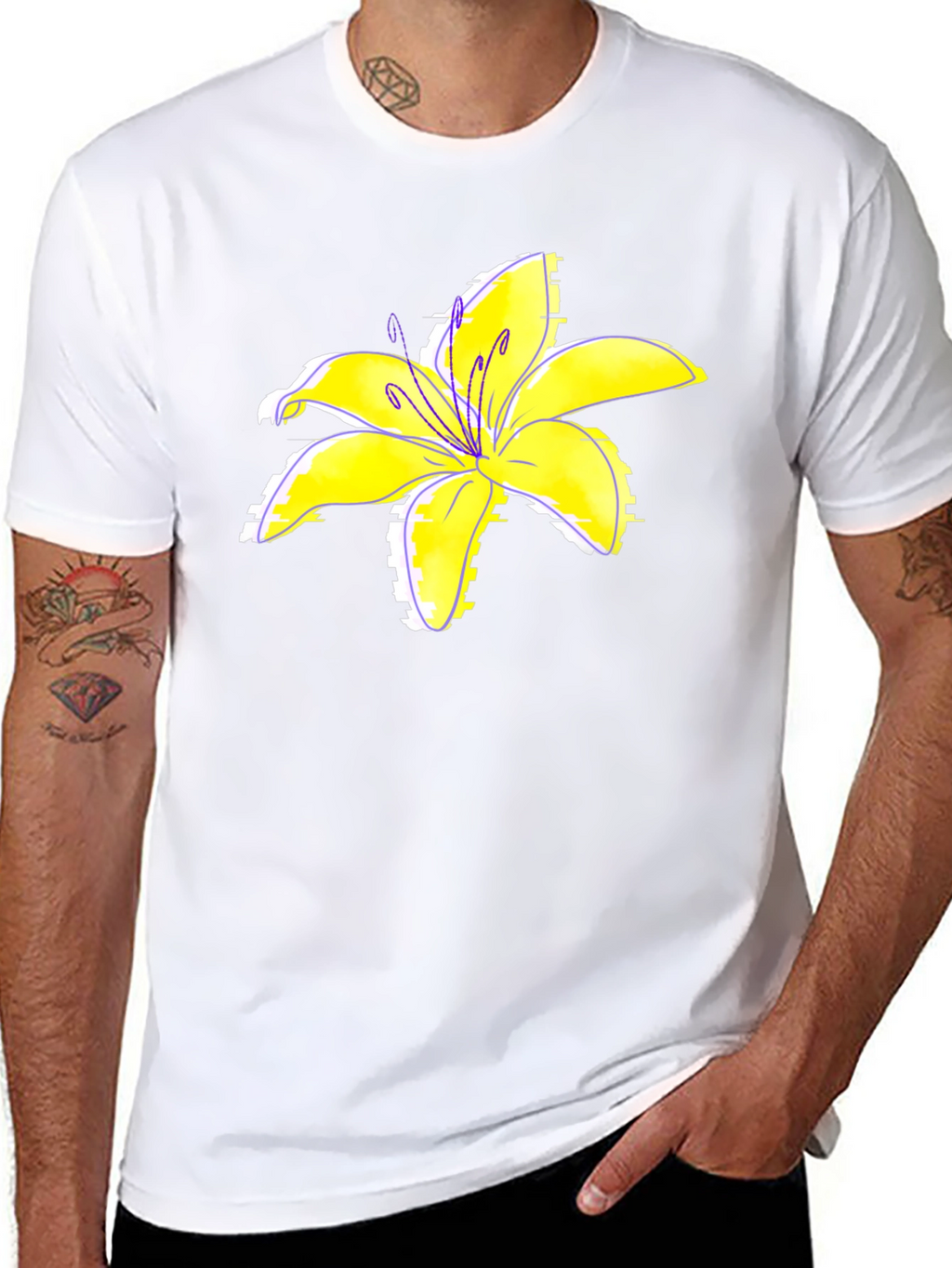 Black T-Shirt with Yellow Lily Flower Print