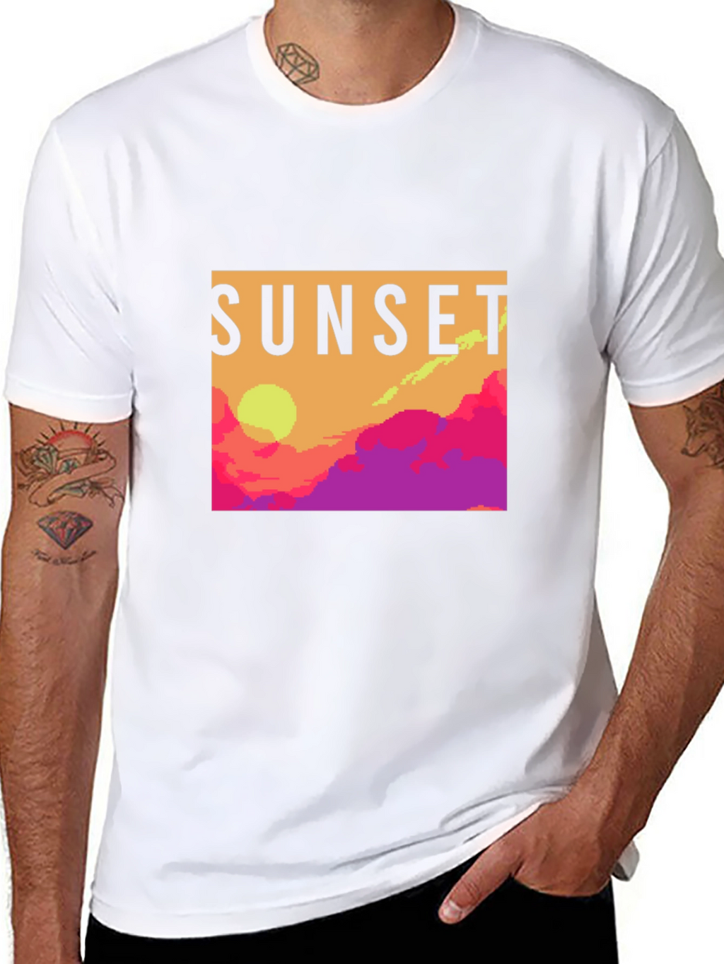 Sunset Graphic Tee - Retro Pixel Art T-Shirt