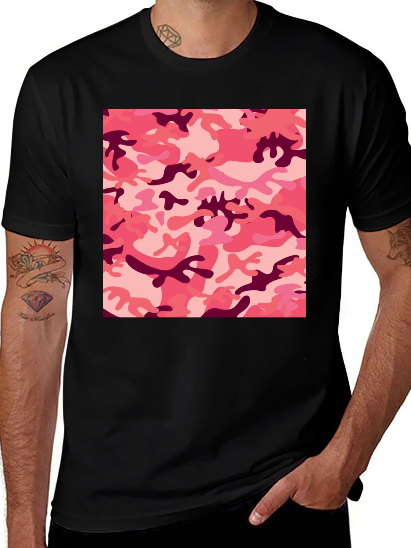 Pink Camo Print Black T-Shirt