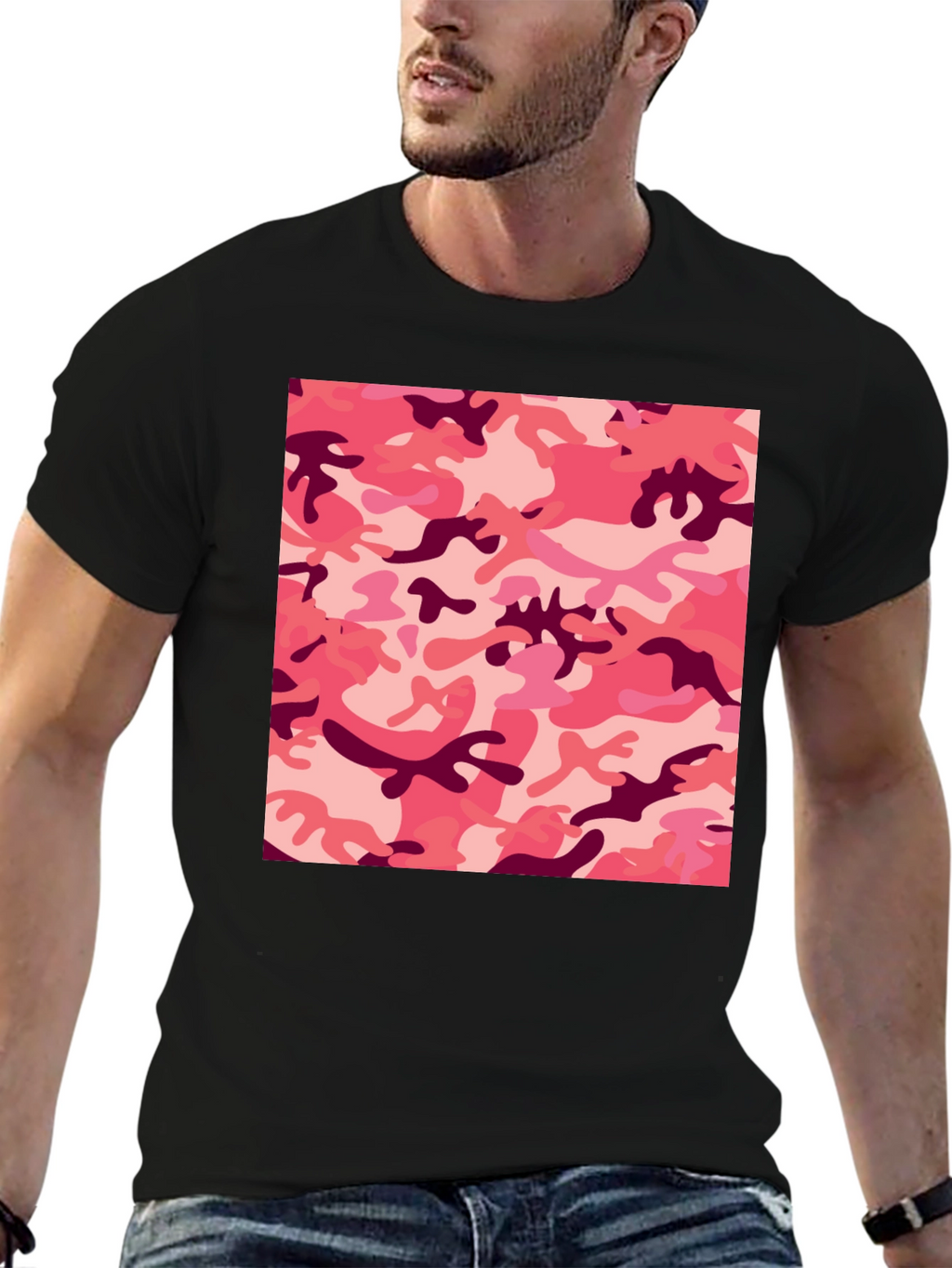 Pink Camo Print Black T-Shirt
