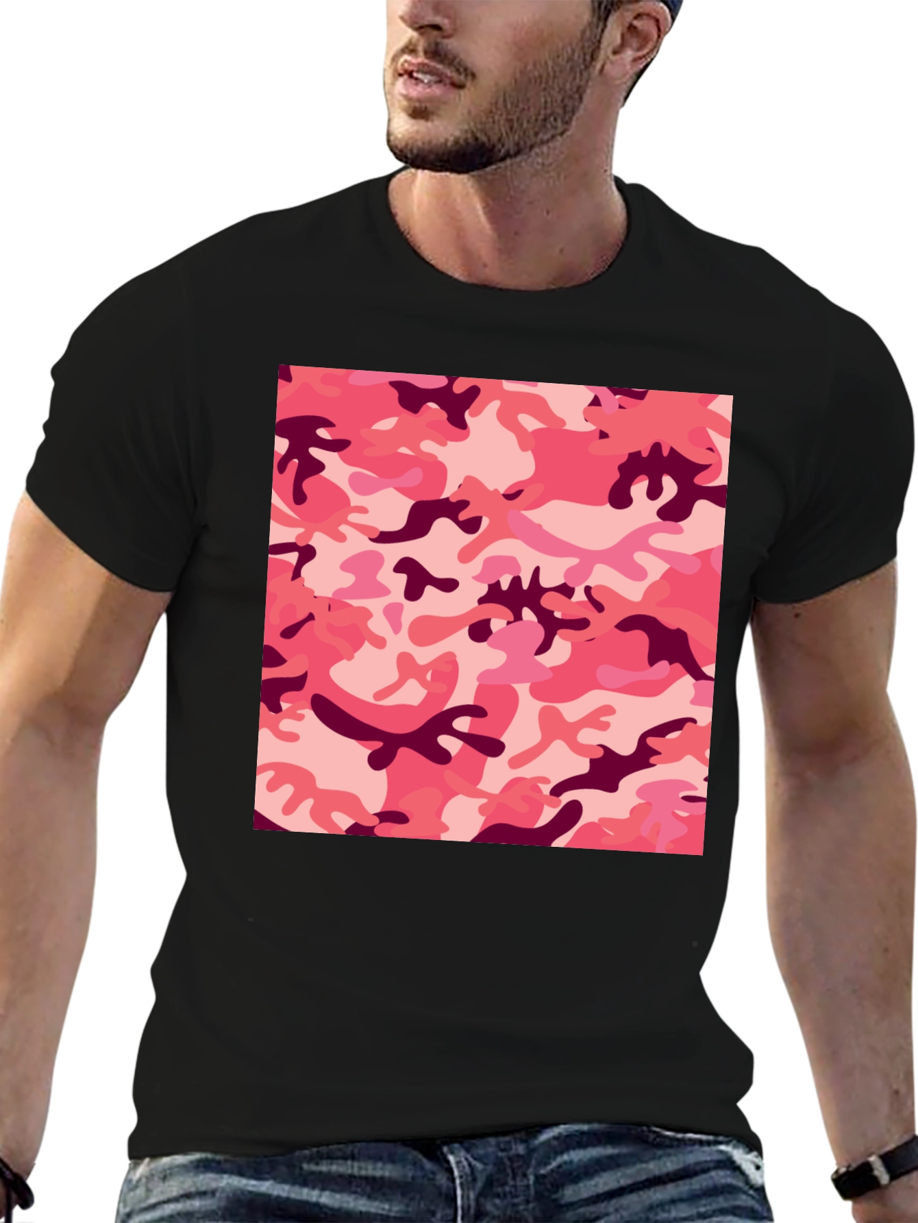 Pink Camo Print Black T-Shirt