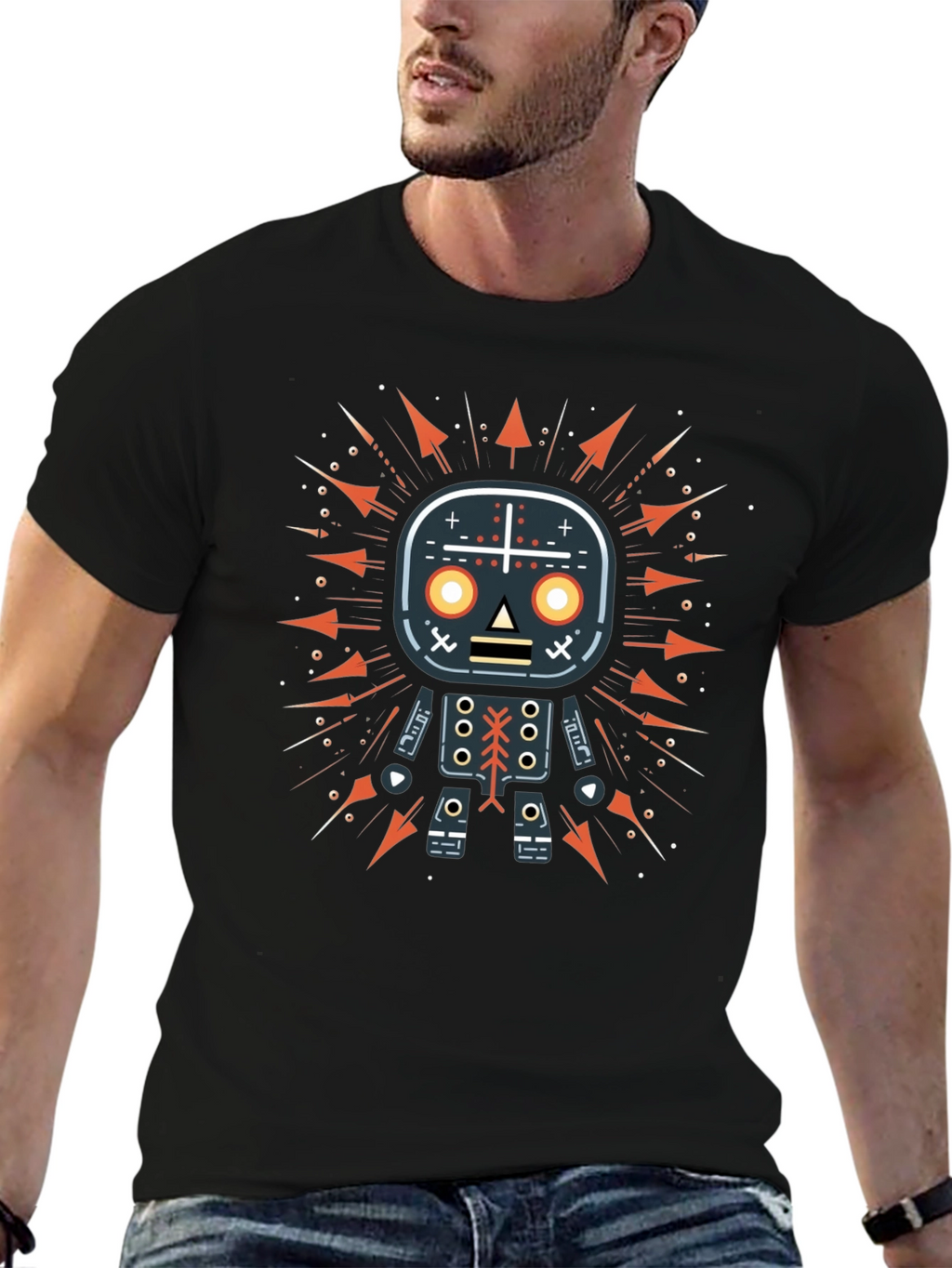 Geometric Robot Graphic Print Black T-Shirt