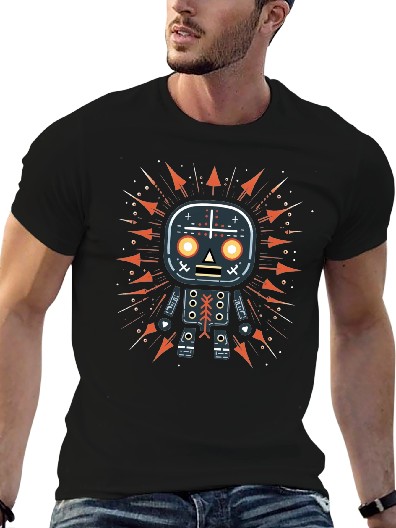 Geometric Robot Graphic Print Black T-Shirt