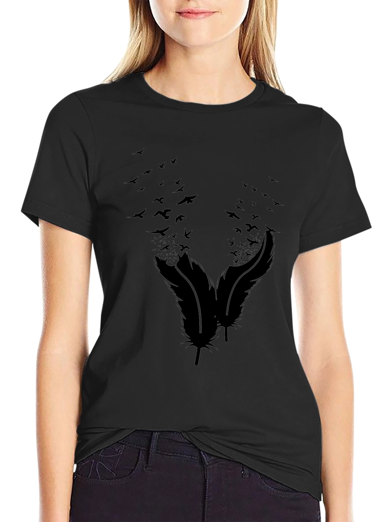 Mens Black Feather & Birds Graphic Tee