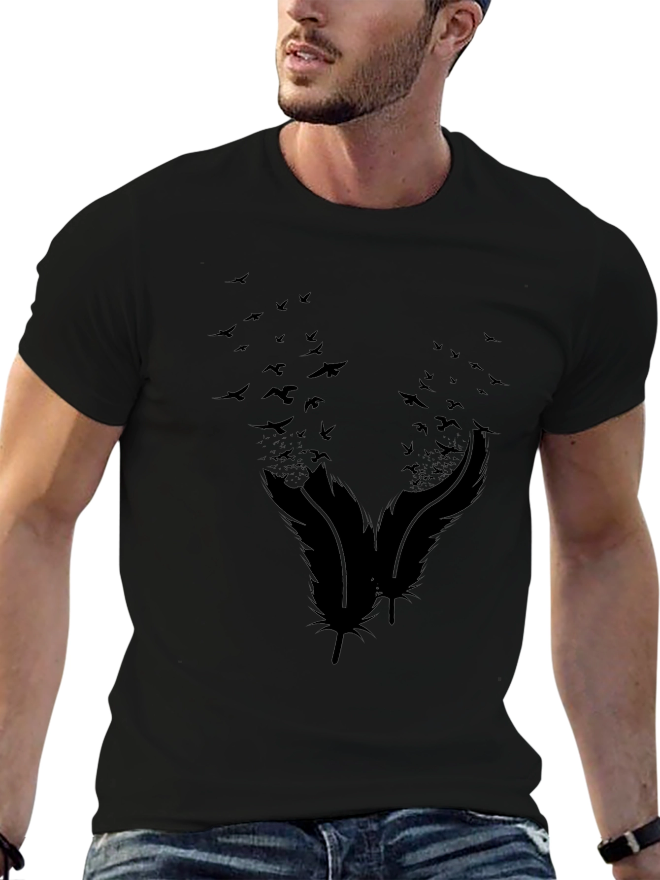 Mens Black Feather & Birds Graphic Tee