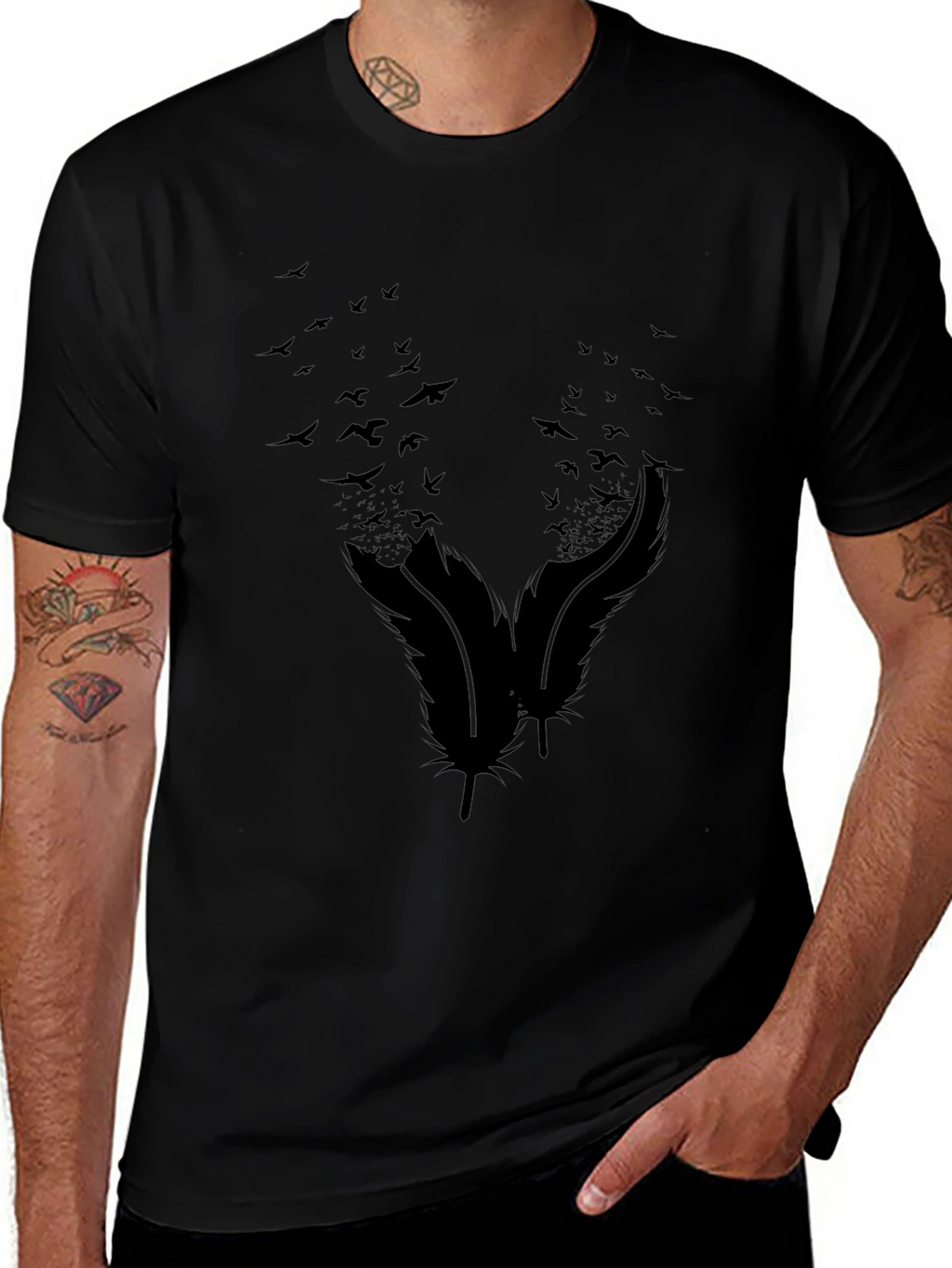 Mens Black Feather & Birds Graphic Tee
