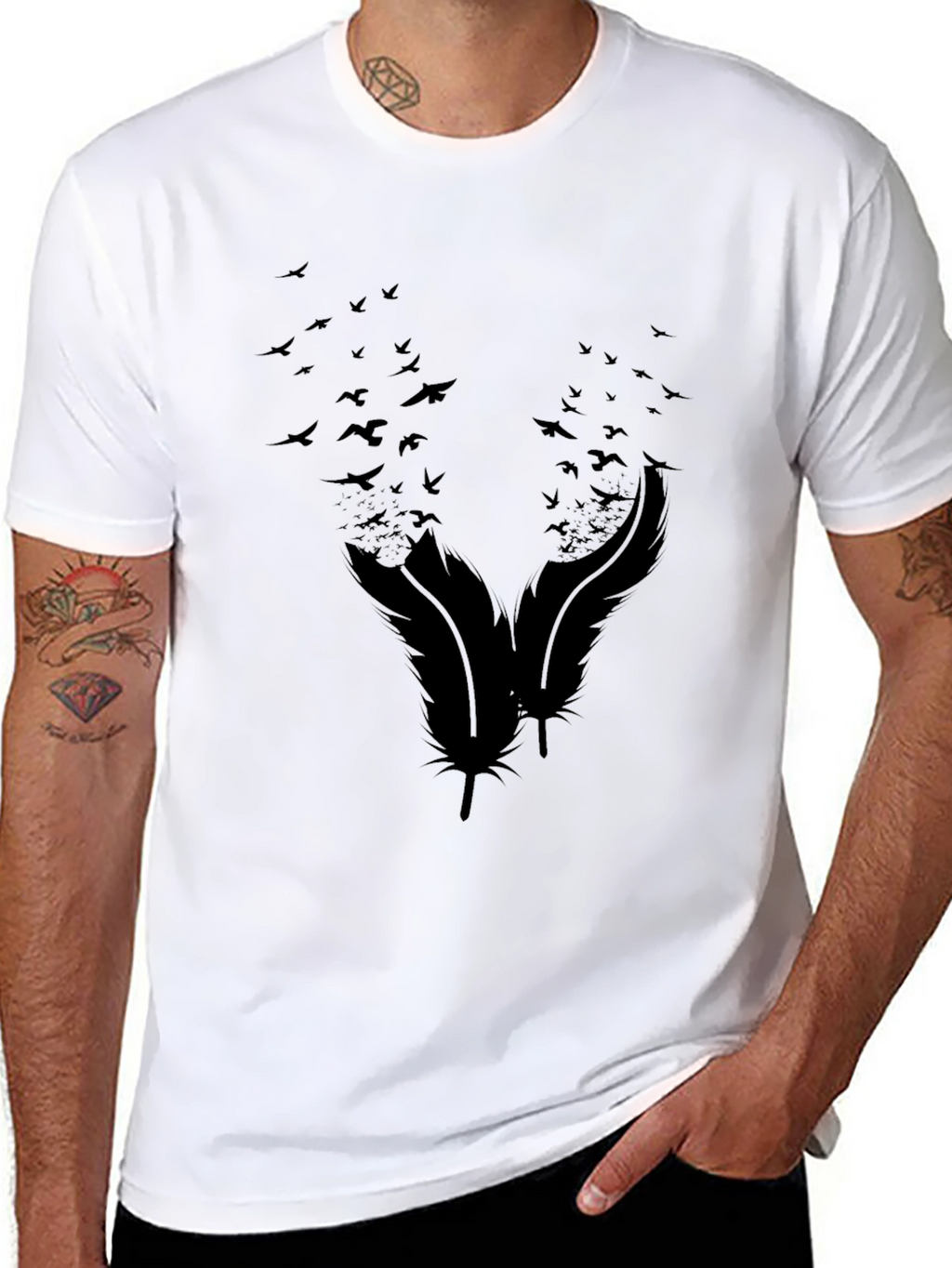 Mens Black Feather & Birds Graphic Tee