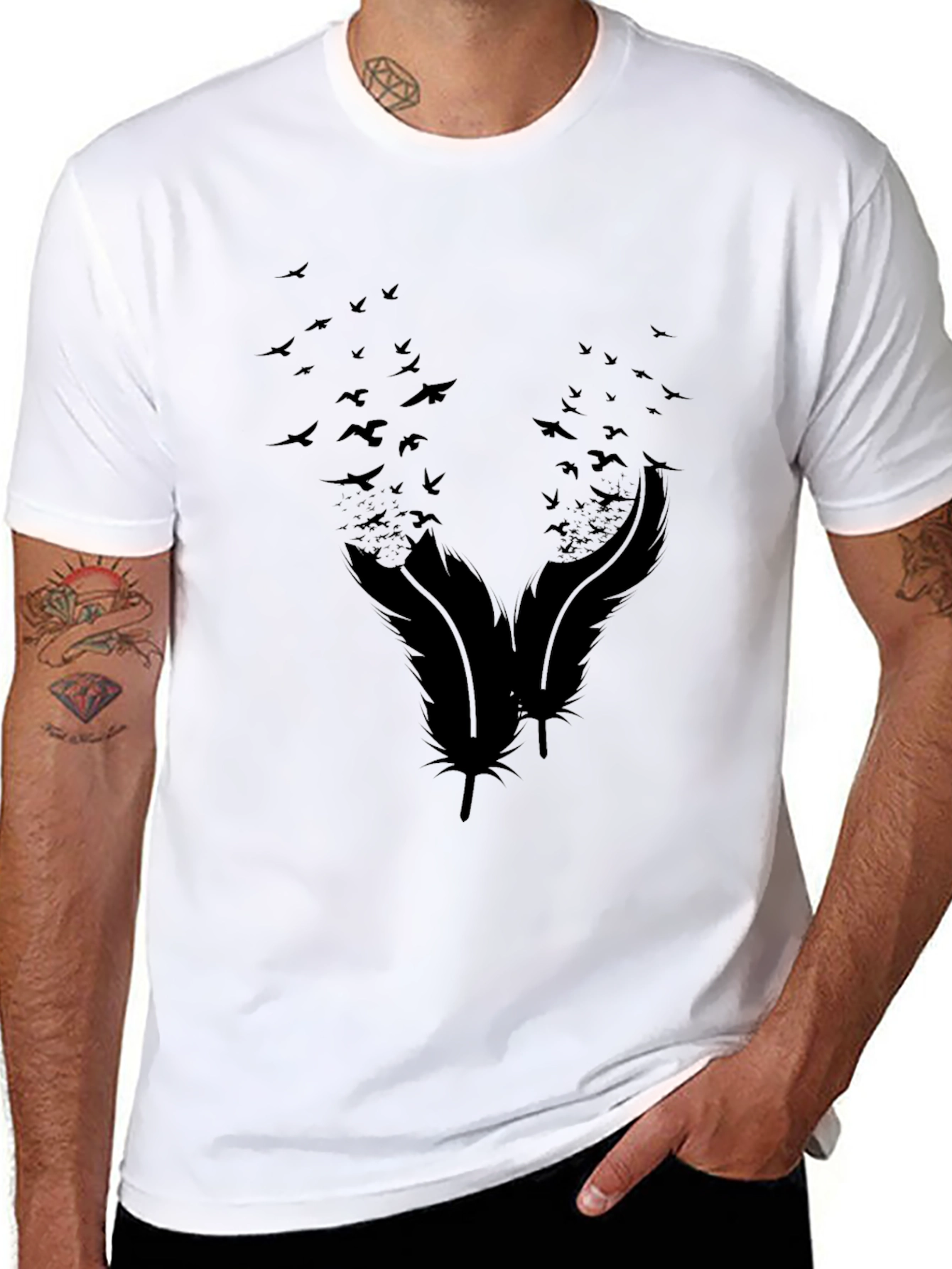 Mens Black Feather & Birds Graphic Tee