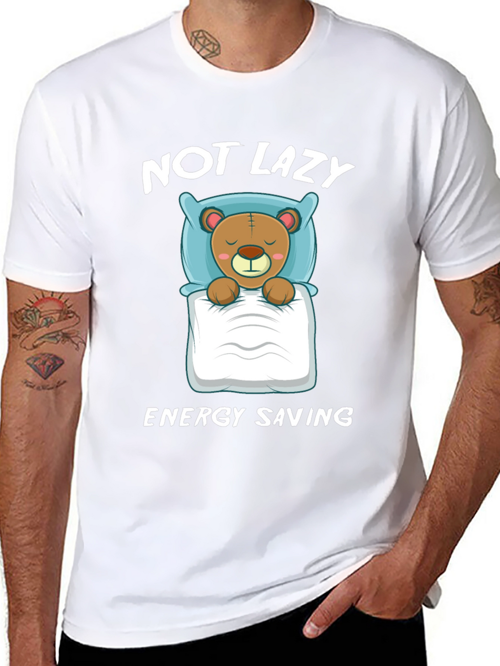 Not Lazy Energy Saving Bear Graphic T-Shirt