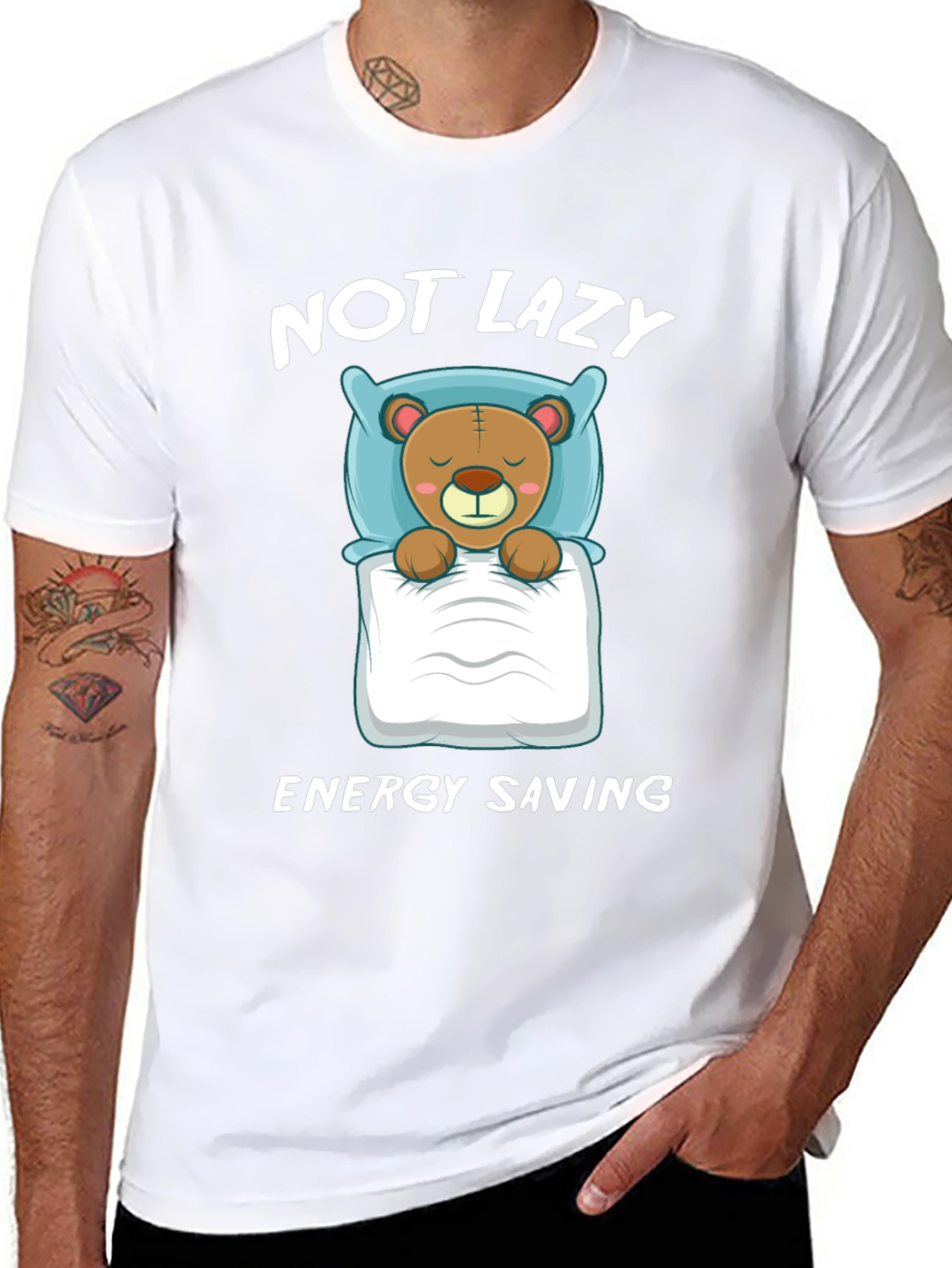 Not Lazy Energy Saving Bear Graphic T-Shirt