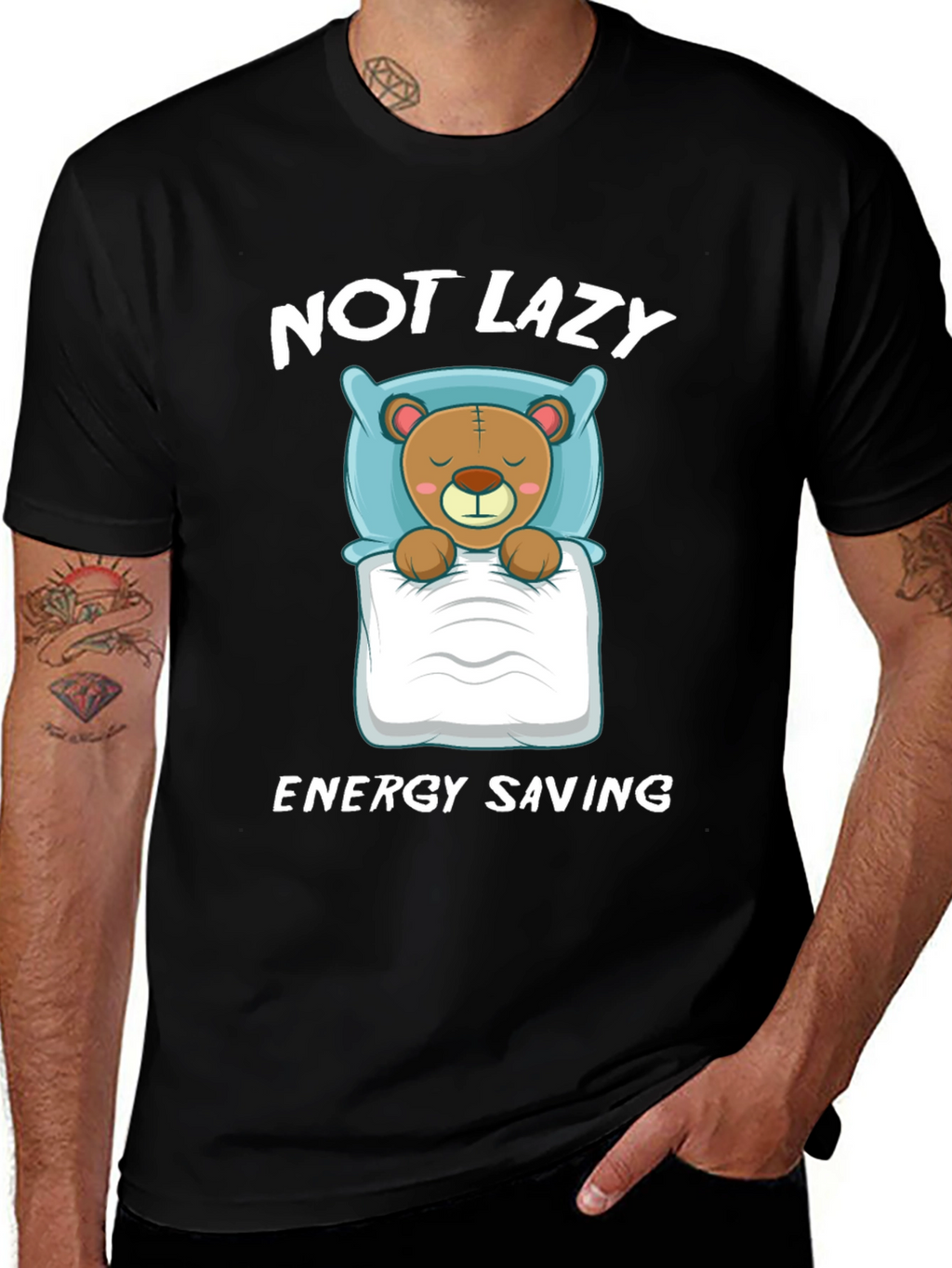 Not Lazy Energy Saving Bear Graphic T-Shirt