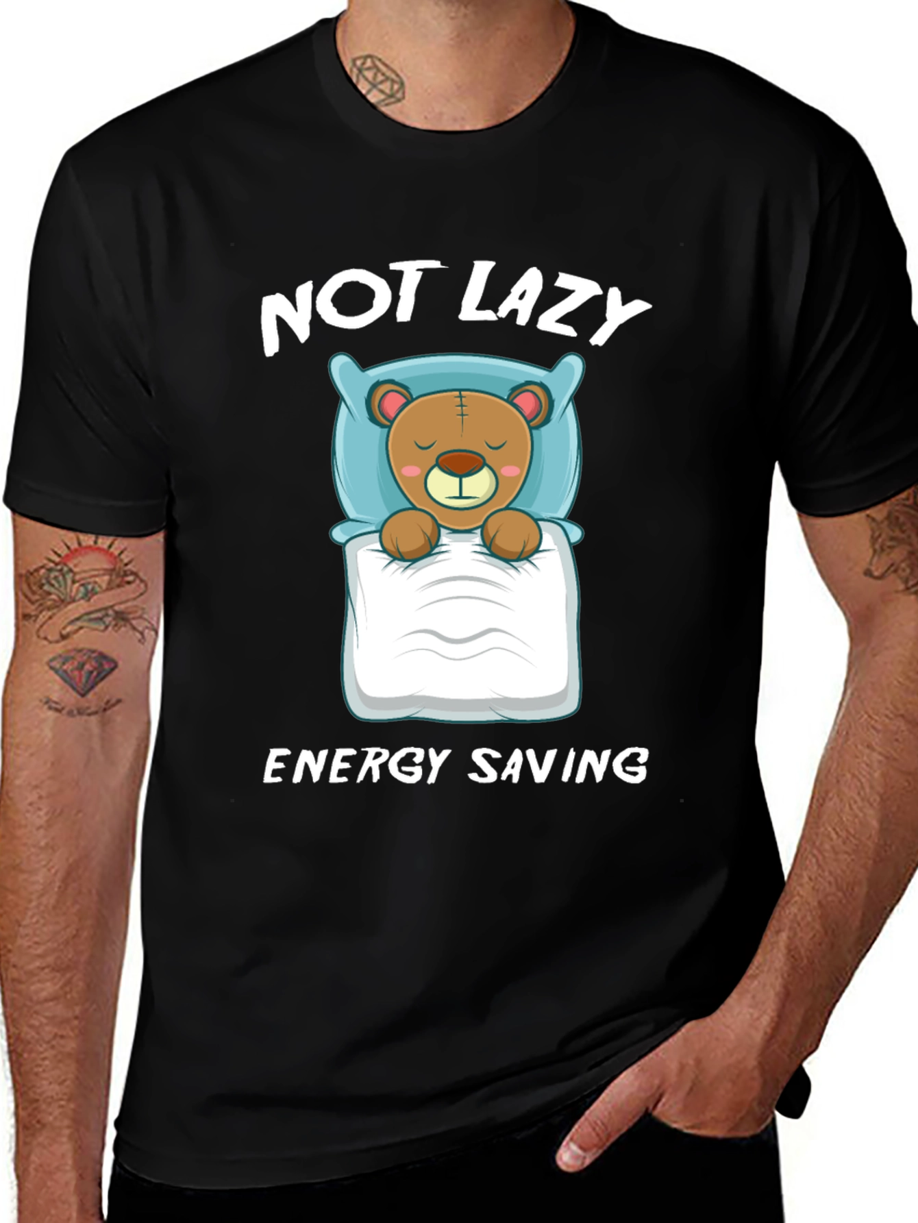 Not Lazy Energy Saving Bear Graphic T-Shirt