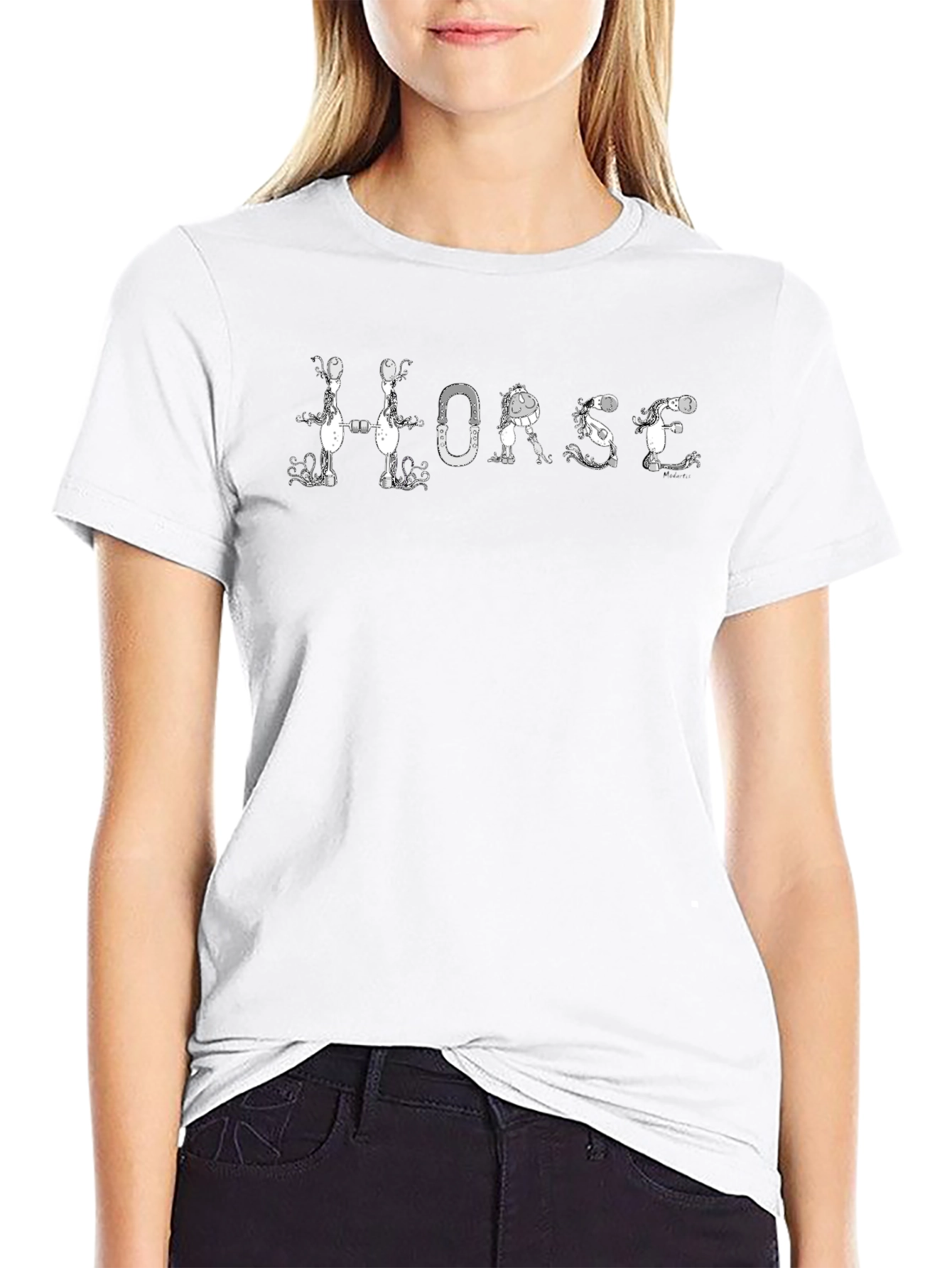 Horse Letter Graphic Black Tee Shirt