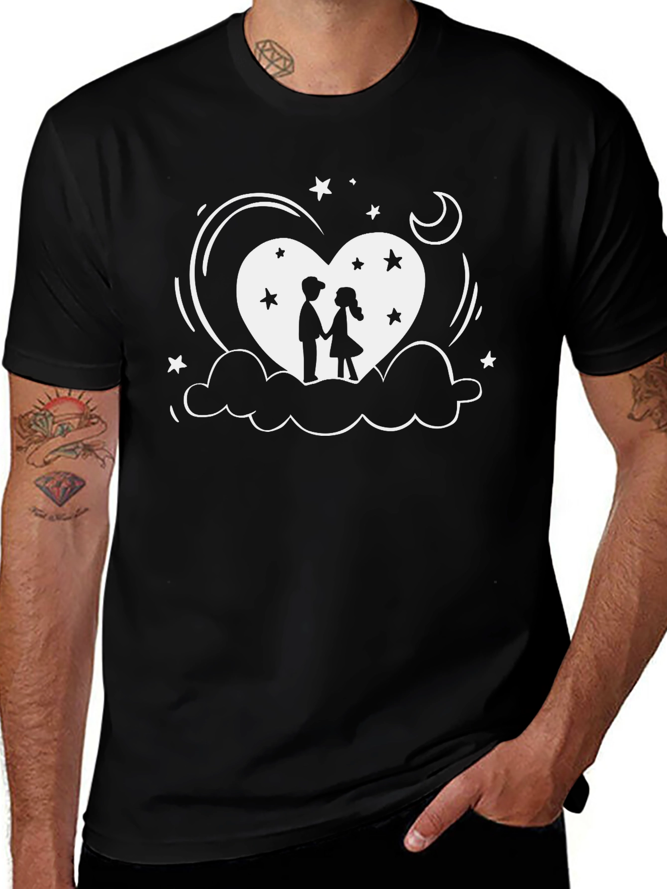 Romantic Couple Heart Graphic Black T-Shirt