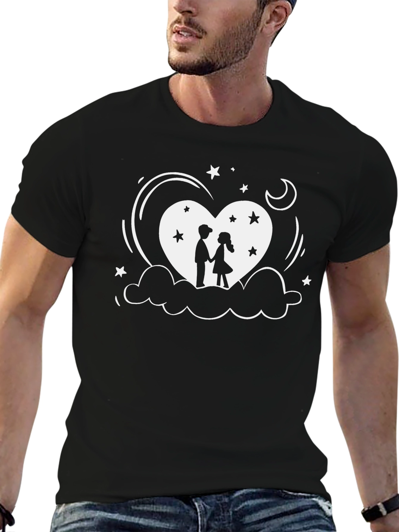 Romantic Couple Heart Graphic Black T-Shirt