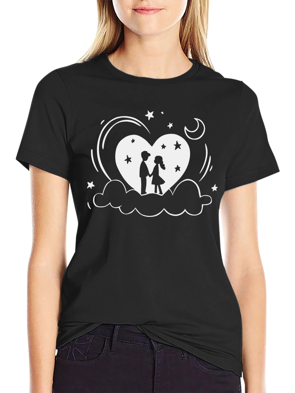 Romantic Couple Heart Graphic Black T-Shirt