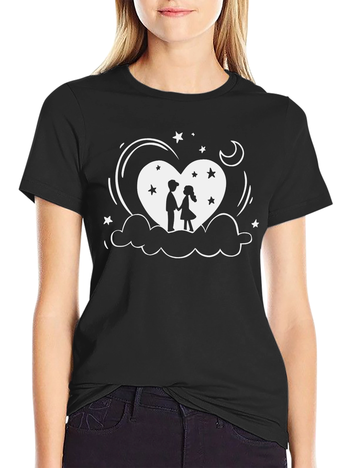 Romantic Couple Heart Graphic Black T-Shirt