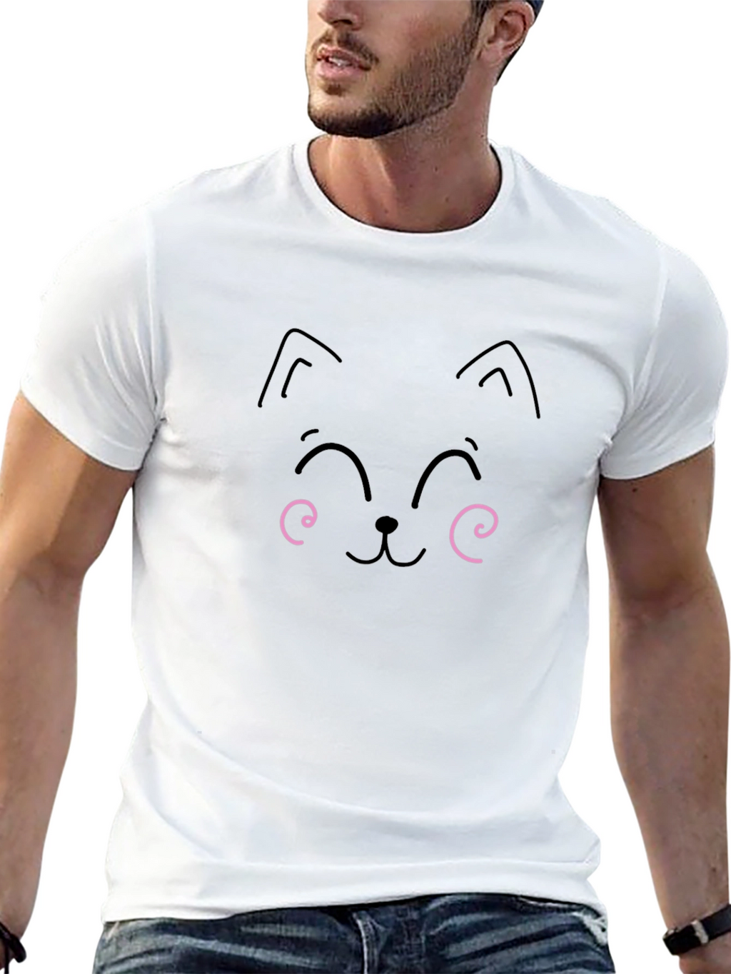 Cute Cat Face Graphic Tee - Black