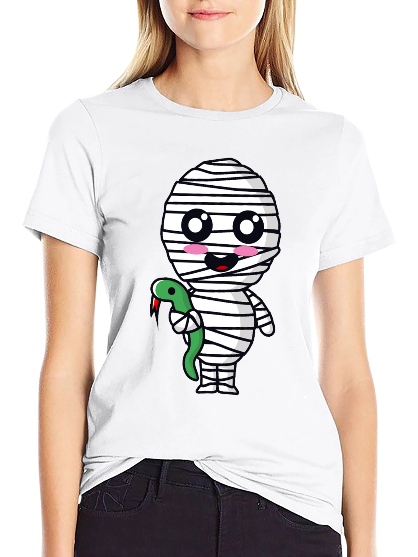 Cute Mummy with Snake Graphic Tee - Halloween Spooky T-Shirt
