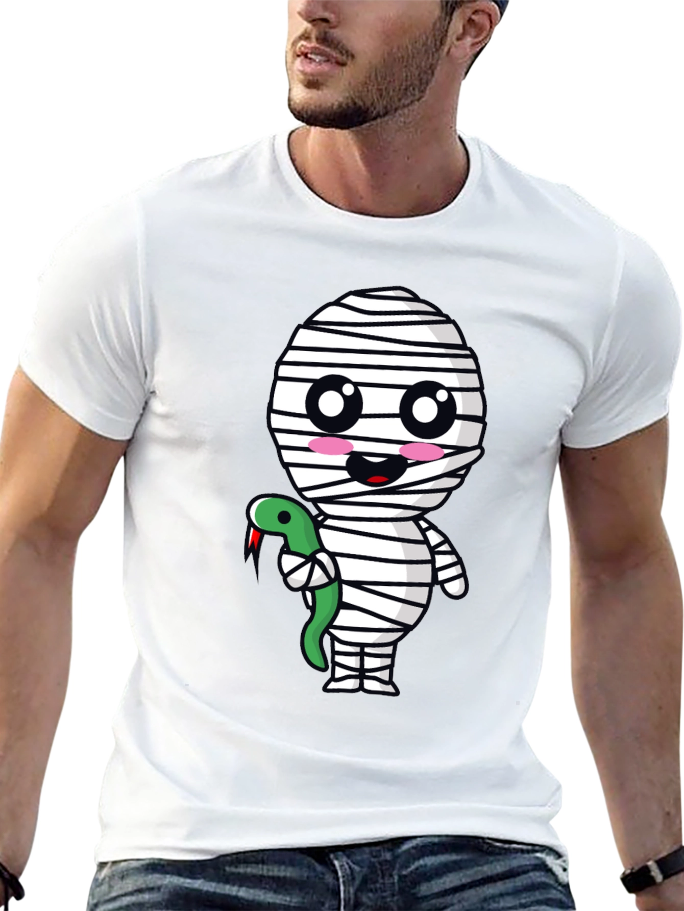 Cute Mummy with Snake Graphic Tee - Halloween Spooky T-Shirt
