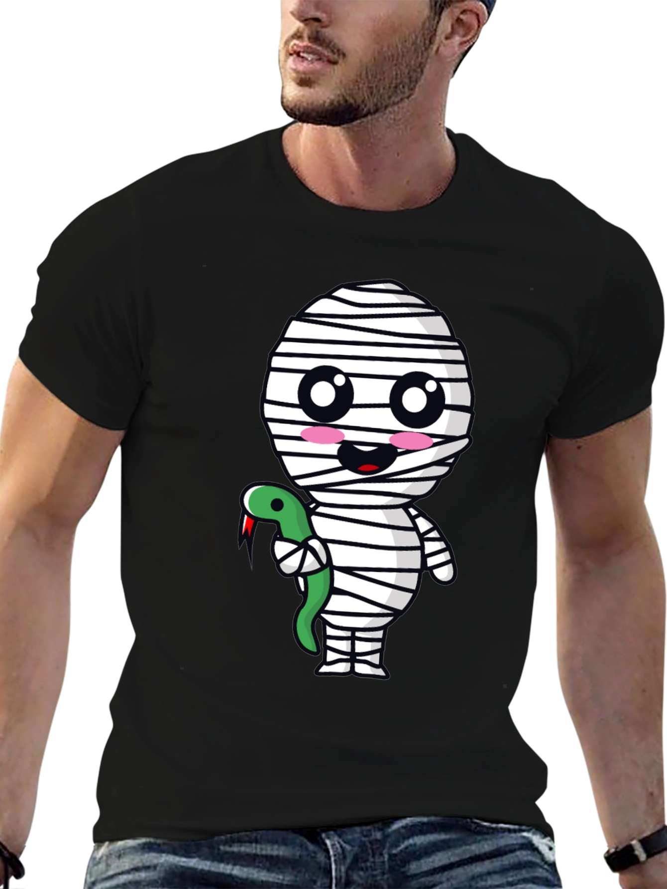 Cute Mummy with Snake Graphic Tee - Halloween Spooky T-Shirt