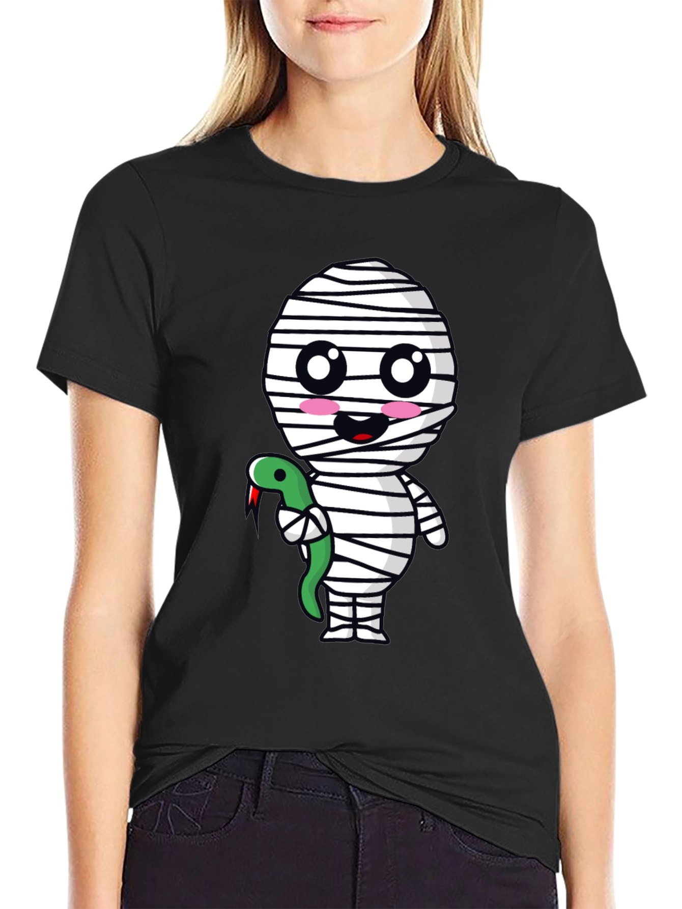 Cute Mummy with Snake Graphic Tee - Halloween Spooky T-Shirt
