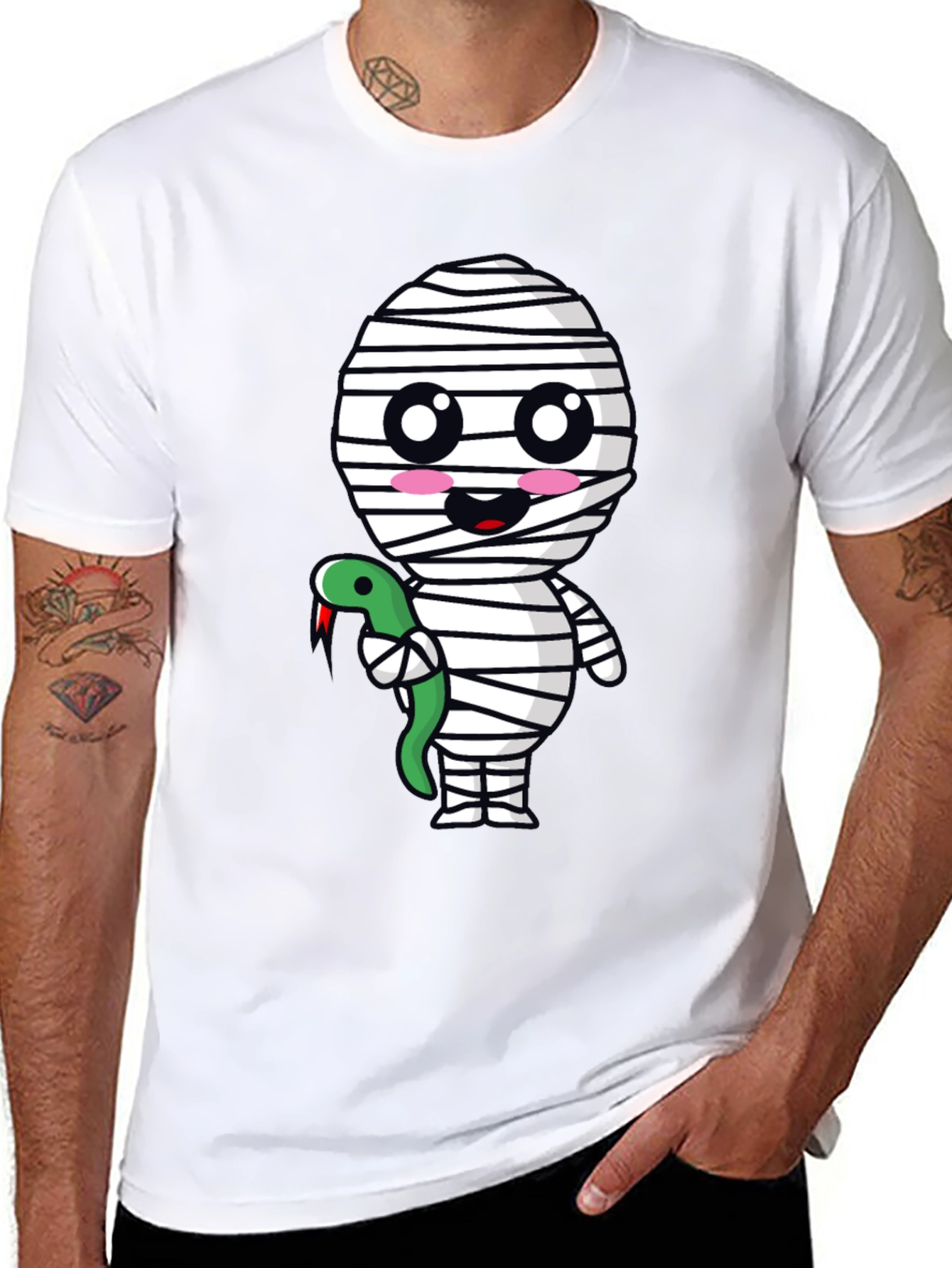 Cute Mummy with Snake Graphic Tee - Halloween Spooky T-Shirt