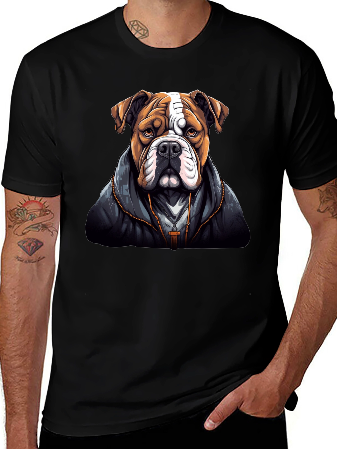 Bulldog in Hoodie Graphic Tee - Cool Dog Lover T-Shirt