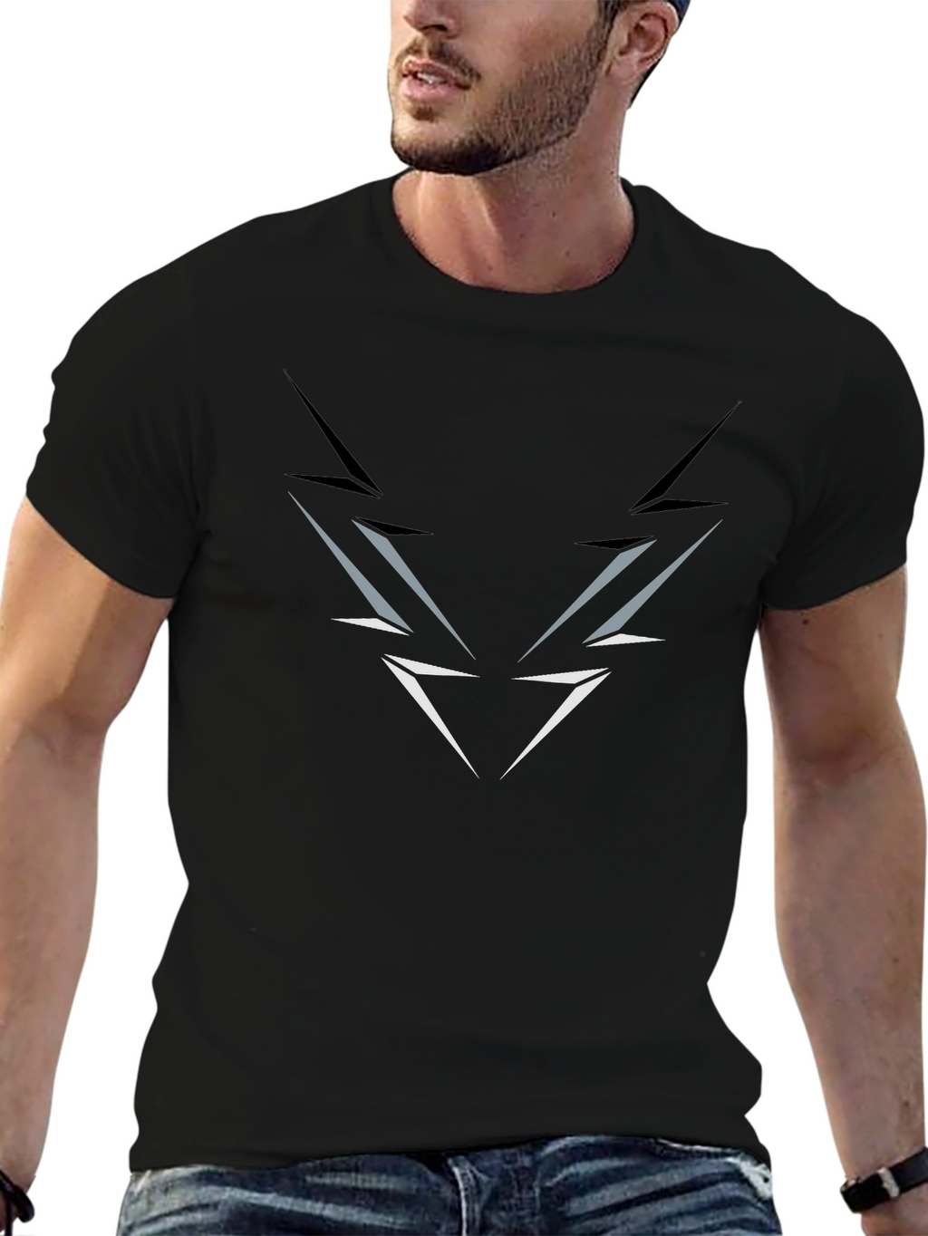 Mens Black T-Shirt with Abstract Lightning Graphic