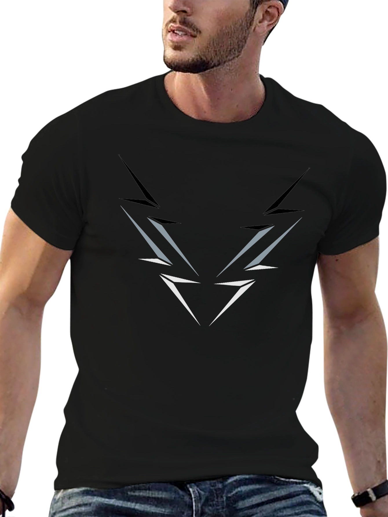 Mens Black T-Shirt with Abstract Lightning Graphic