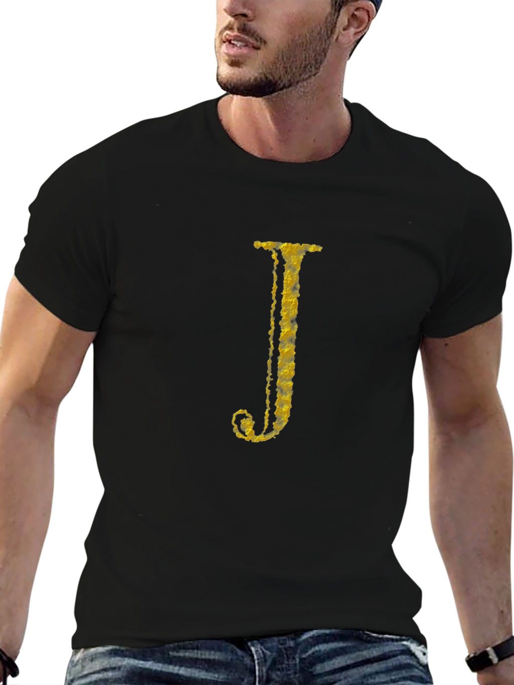 Letter J Gold Texture Print Black T-Shirt