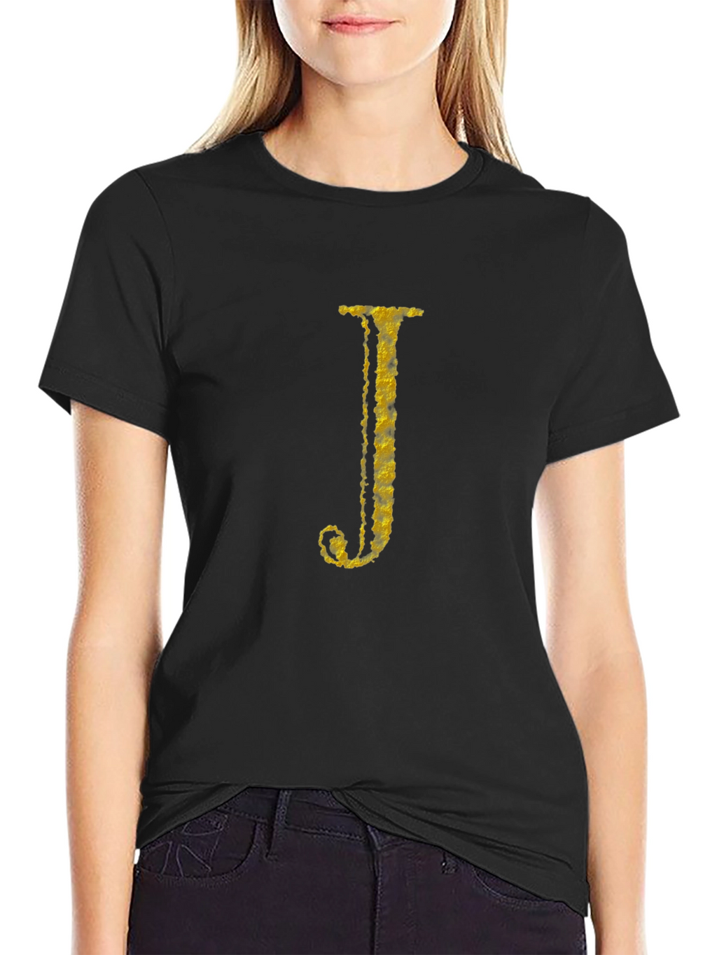 Letter J Gold Texture Print Black T-Shirt