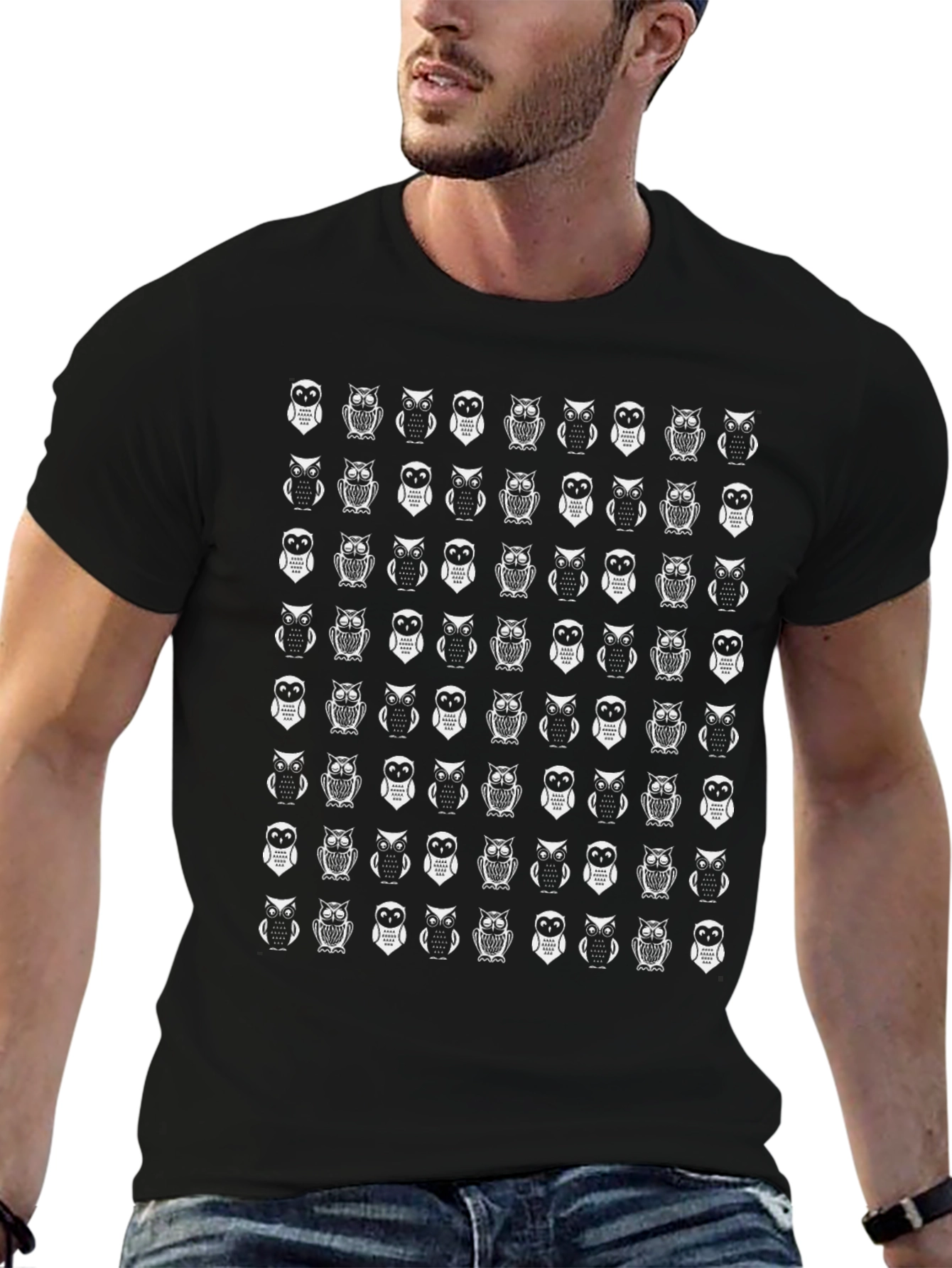 Owl Pattern Black T-Shirt