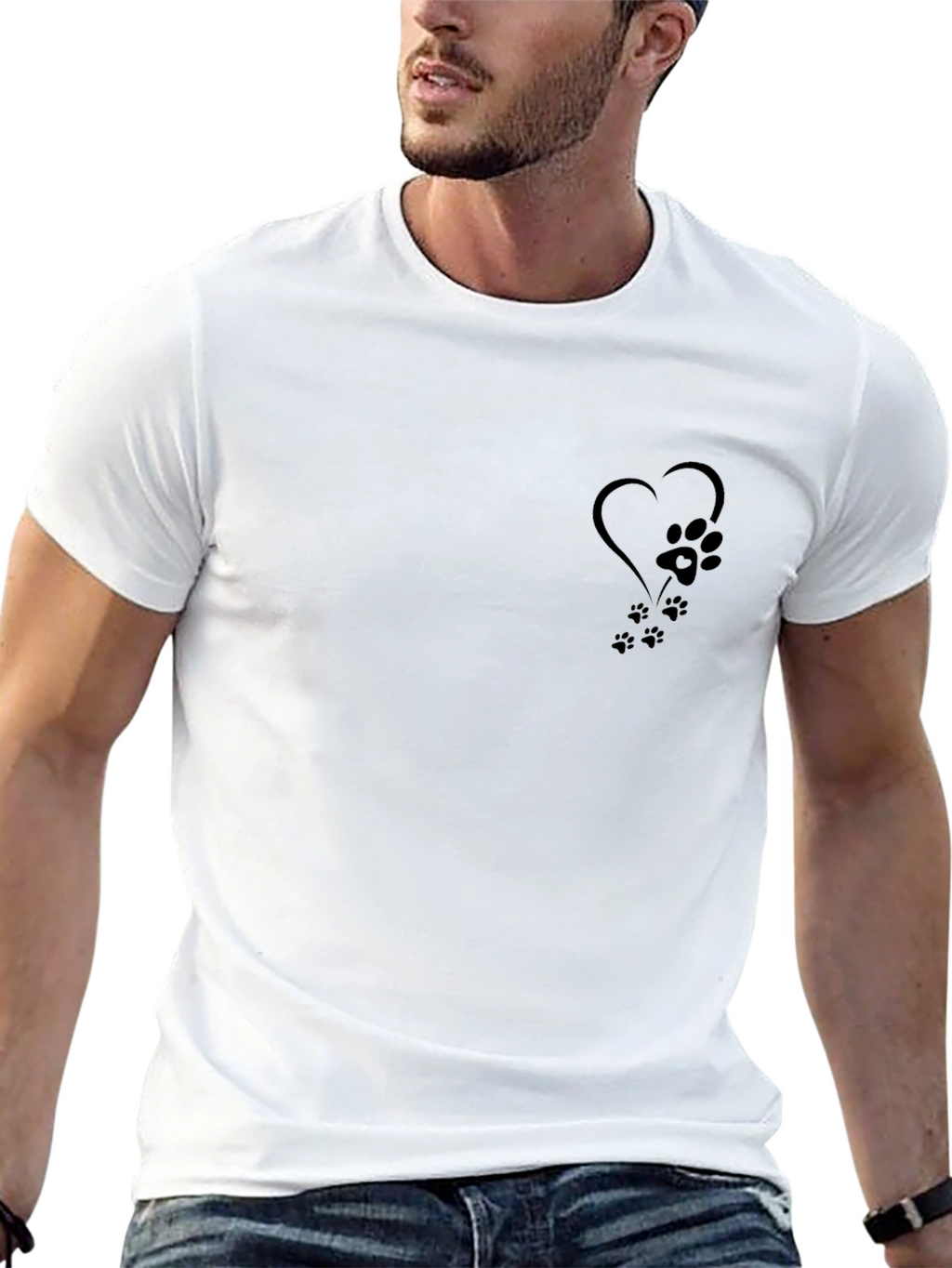 Mens Black T-Shirt with Paw Print Heart Design