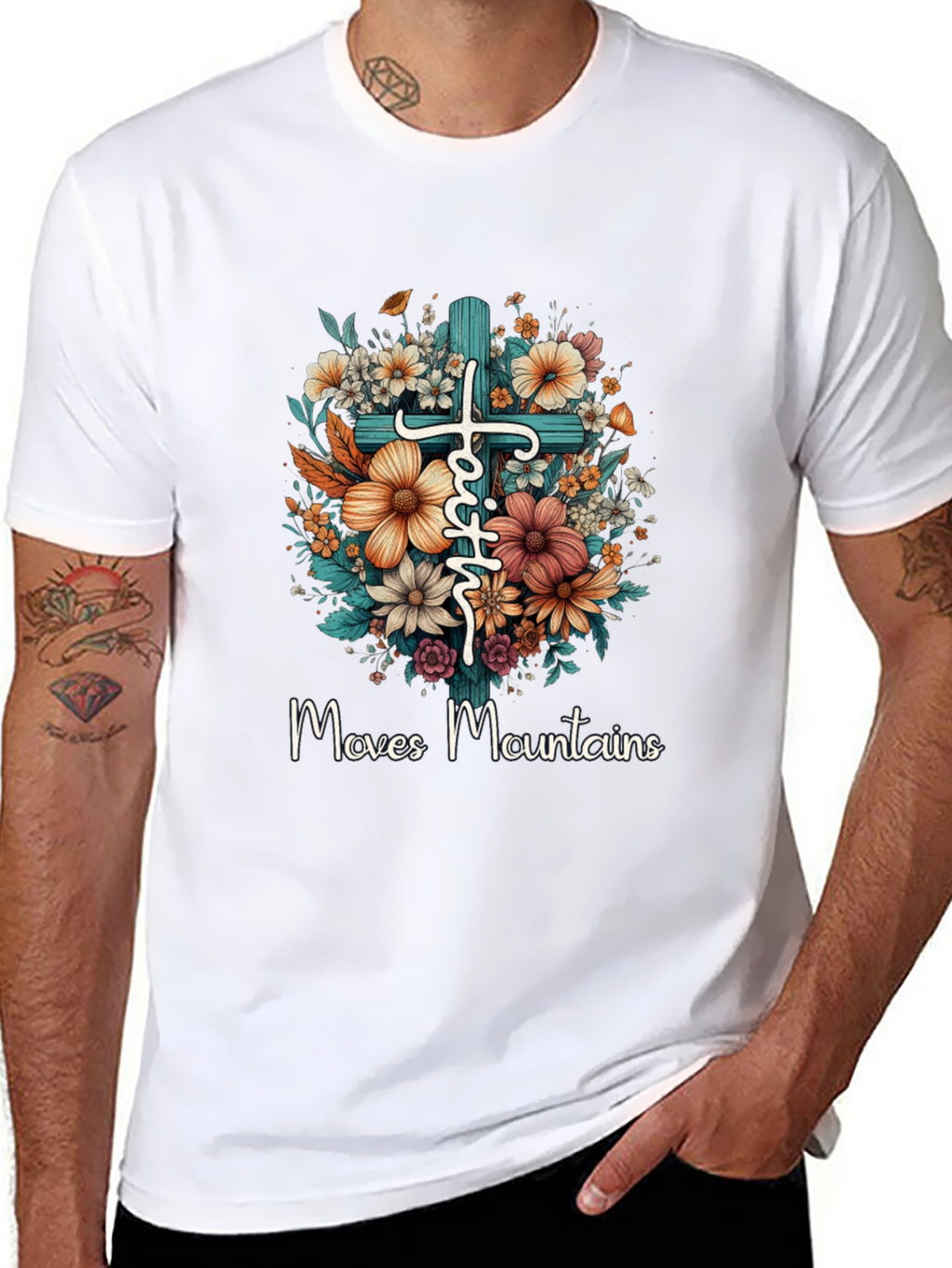 Faith Moves Mountains Floral Cross T-Shirt