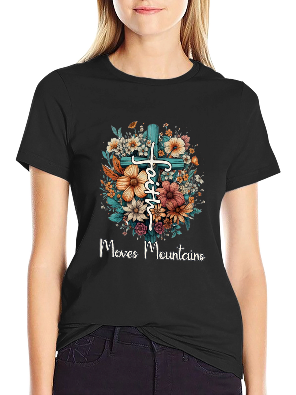 Faith Moves Mountains Floral Cross T-Shirt