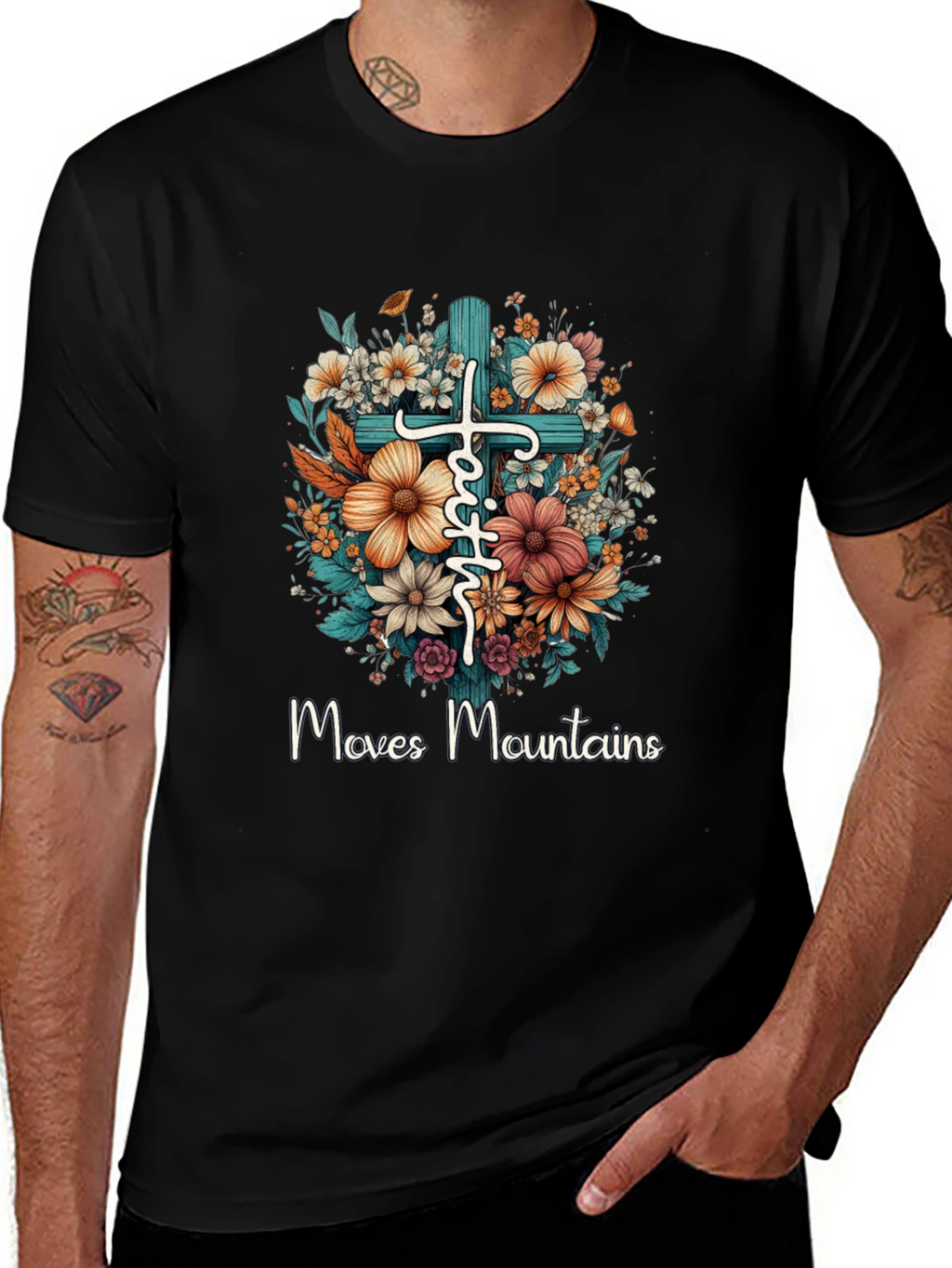 Faith Moves Mountains Floral Cross T-Shirt