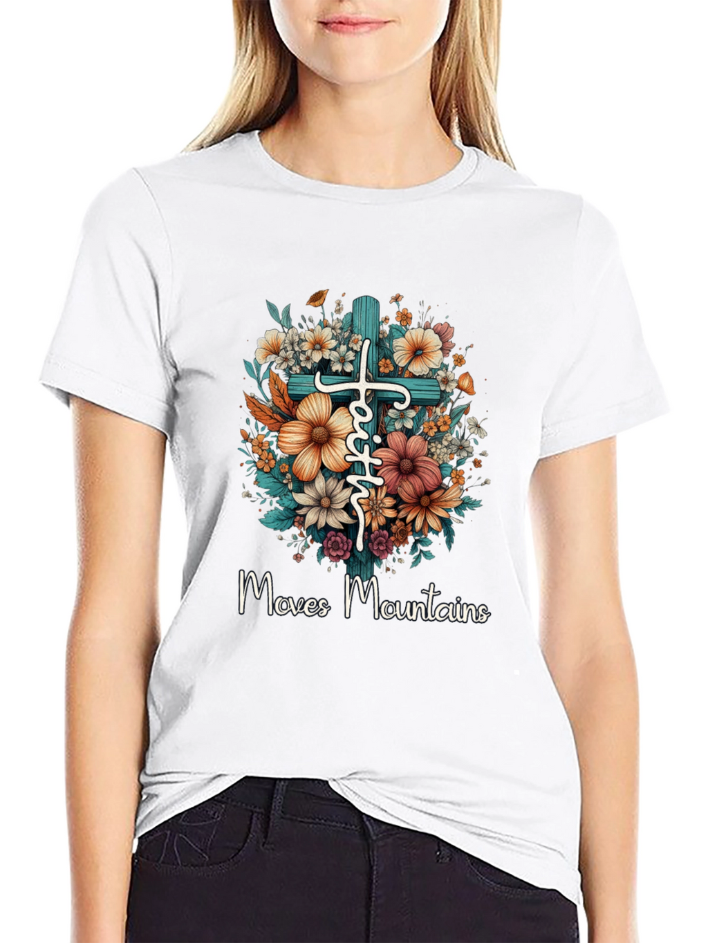 Faith Moves Mountains Floral Cross T-Shirt