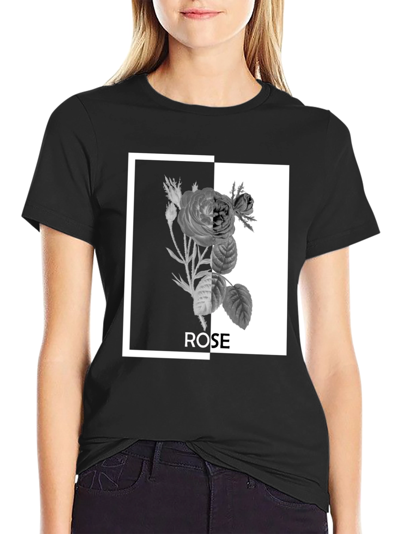 Black Rose Graphic Tee - Modern Floral Design