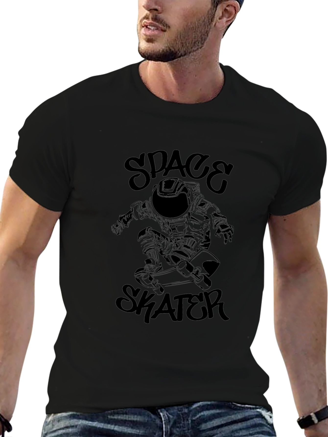 Space Skater Graphic Tee - Black Cotton T-Shirt